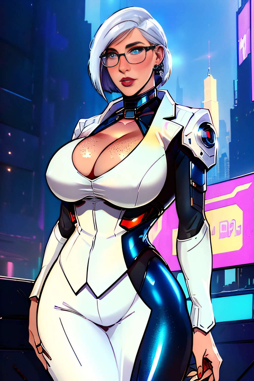 ch3rryg1g, ((masterpiece)), Caucasian, woman, stunning, gorgeous, 1 Girl, large Boobs, bob cut, white hair, ((cyberpunk business suit, cleavage)), blue eye color: 1.5, (freckled face), ((glasses)), fingernails, earrings, lipstick, detailed hand, full lips, cyberpunk city background, ((standing))