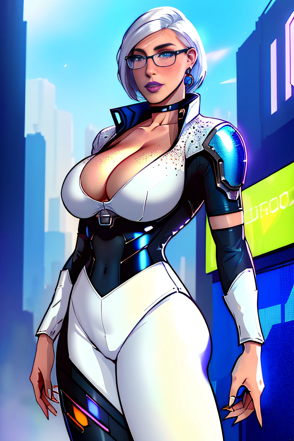 ch3rryg1g, ((masterpiece)), Caucasian, woman, stunning, gorgeous, 1 Girl, large Boobs, bob cut, white hair, ((cyberpunk business suit, cleavage)), blue eye color: 1.5, (freckled face), ((glasses)), fingernails, earrings, blue lipstick, detailed hand, full lips, cyberpunk city background, ((standing))