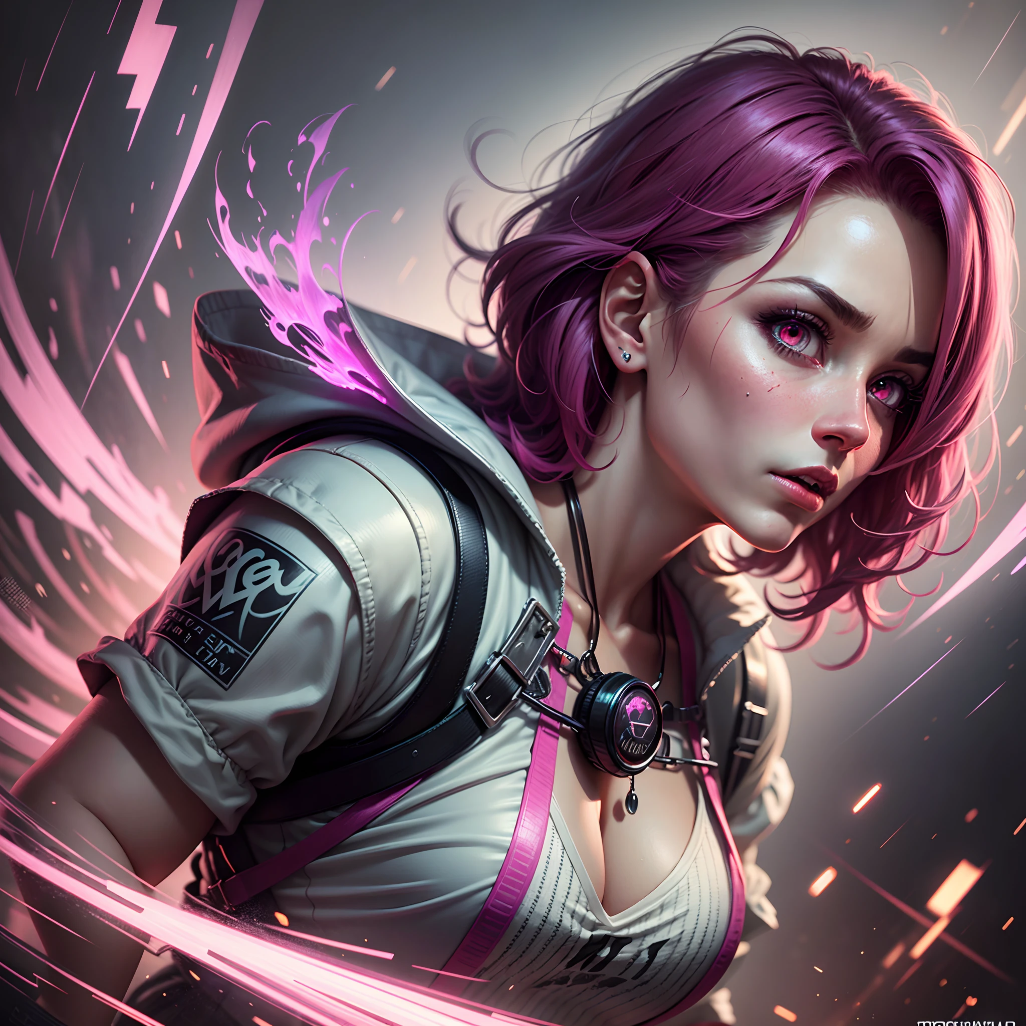 short magenta hair, pink glowing eyes, high quality, cinematic radius, realistic digital art illustration poster film portrait, epic lighting, cinematic lighting, high res, (detailed image:1), insane details, smooth, hyper realistic, (highly detailed: 1.2), masterpiece, 8k uhd, digital art style
