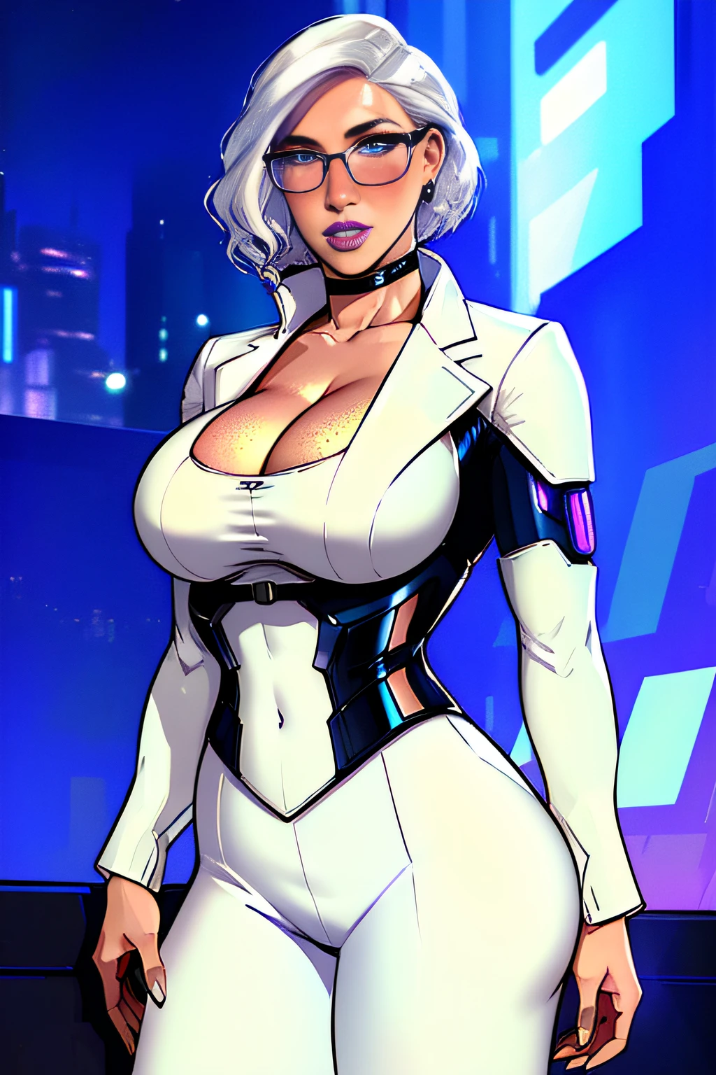 ch3rryg1g, ((masterpiece)), Caucasian, woman, stunning, gorgeous, 1 Girl, large Boobs, curly bob cut, white hair, ((cyberpunk business suit, cleavage)), blue eye color: 1.5, (freckled face), ((glasses)), fingernails, earrings, blue lipstick, detailed hand, full lips, cyberpunk city background, ((standing))