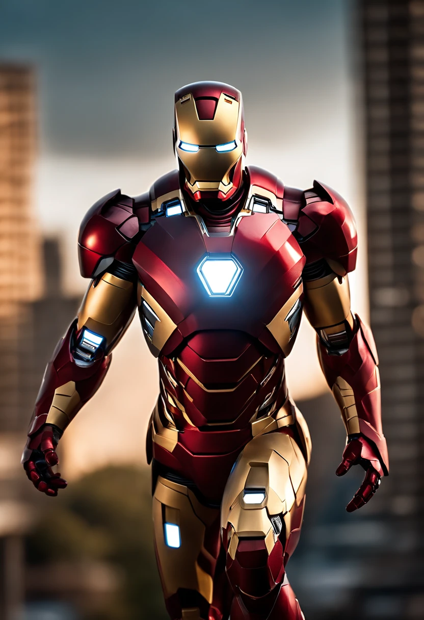 Closeup of Iron Man Flying Standing Through the Air, Right hand pointed forward, Bright hands and bright light on the chest, Superhero pose, city lighting, traje do homem de ferro, Ironman, Homem de Ferro, Filme da Marvel, papel de parede 4k, Iconic character of high detail, MKBHD como Homem de Ferro