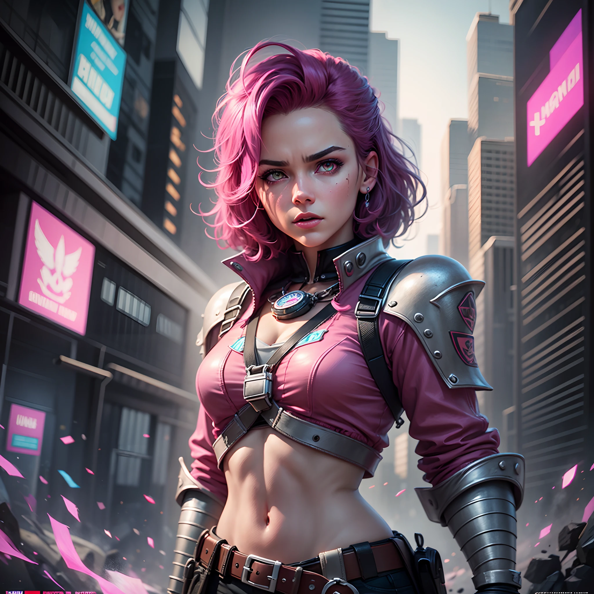 short magenta hair, pink glowing eyes, high quality, cinematic radius, realistic digital art illustration poster film portrait, epic lighting, cinematic lighting, high res, (detailed image:1), insane details, smooth, hyper realistic, (highly detailed: 1.2), masterpiece, 8k uhd, digital art style