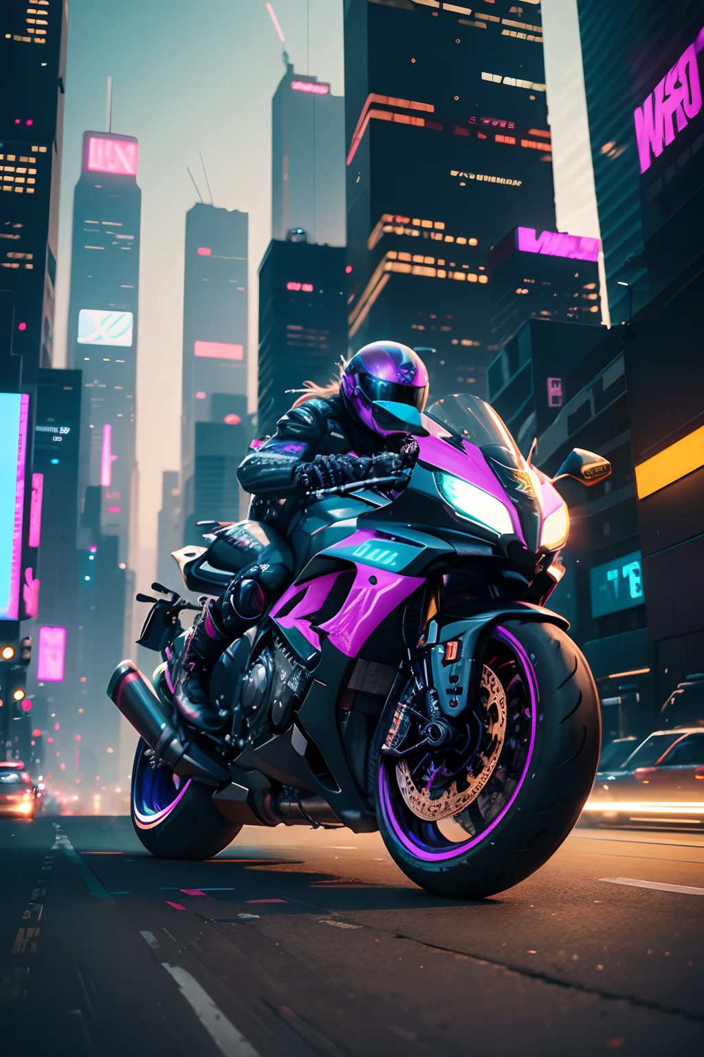 /imagine prompt: An urban cyberpunk cityscape, a futuristic motorcycle racer zooming through neon-lit streets, the city's skyscrapers towering above with holographic billboards, a sense of high-speed energy and adrenaline, Digital art, with a focus on the interplay of light and shadow, --ar 16:9 --v 5