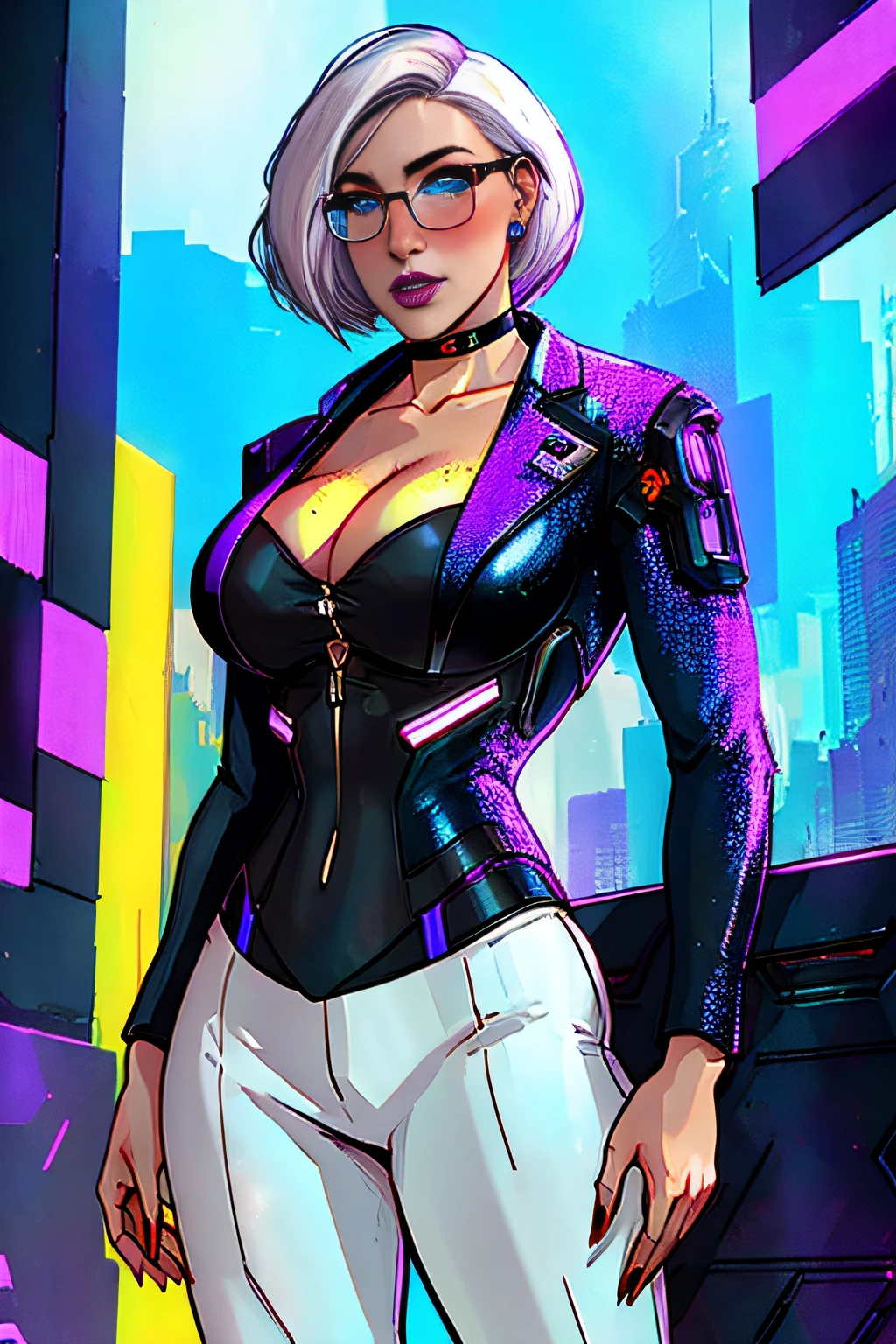 ch3rryg1g, ((masterpiece)), Caucasian, woman, beautiful, square chin, round cheeks, 1 Girl, large Boobs, curly bob cut, white hair, ((cyberpunk business suit, cleavage)), blue eye color: 1.5, (freckled face), ((glasses)), fingernails, earrings, blue lipstick, detailed hand, full lips, cyberpunk city background, ((standing))