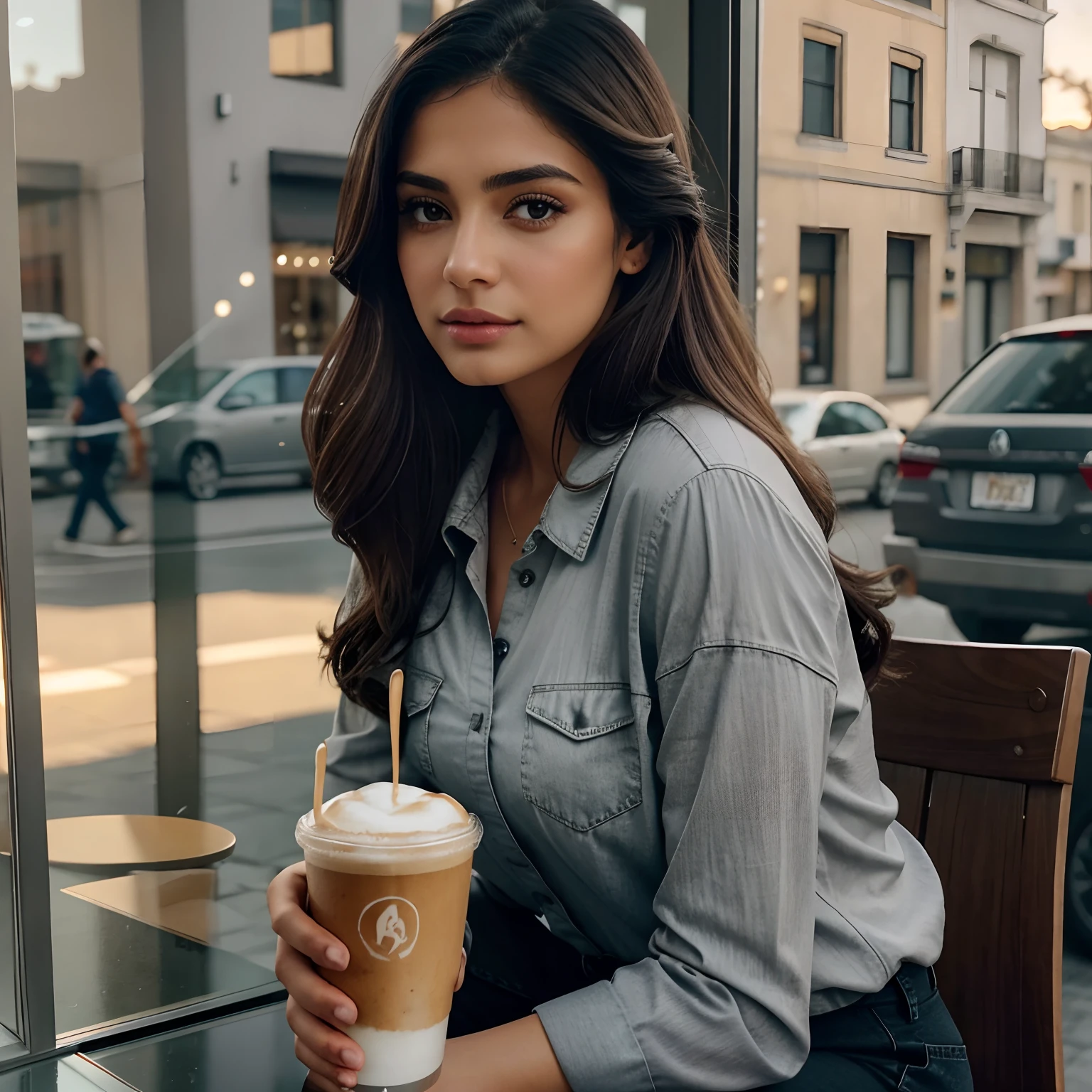 Beautiful Latina sipping a latte by a coffee shop window during sunset, piel clara, ojos marrones, cabello OSCURO, chaqueta de jean corto de color celeste, Collares, Grey shirt and black trousers, foto hiperrealista, Foto 8K, realista, detallado, senos grandes, caderas anchas