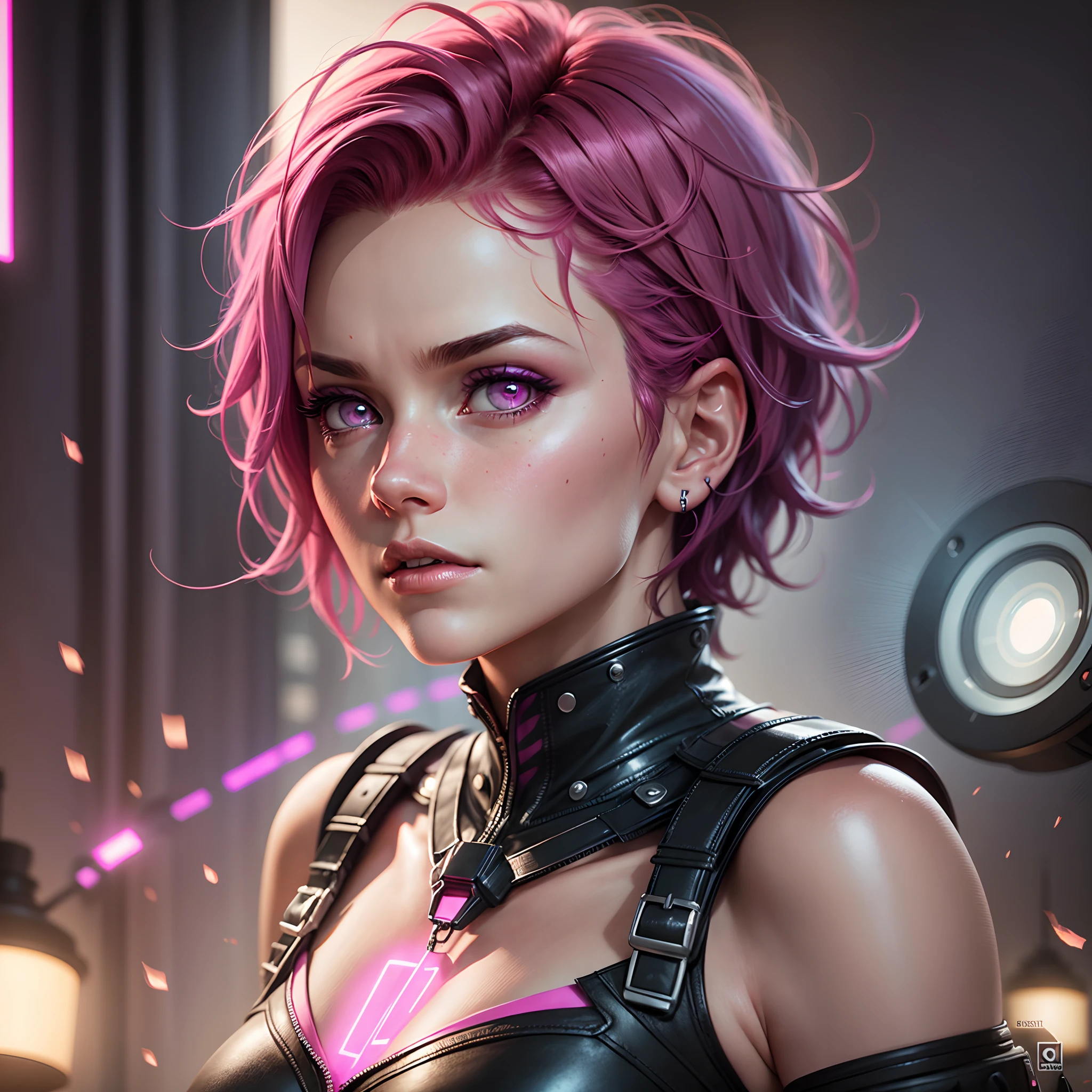 futuristic clothing, cabelo rosa chanel, blue colored eyes, pale skin, demon, claws, bangss, gothic art, full body shot shot, elegant pose, ssmile, Romanticism, work of art, anatomically correcte, high qualiy, super detaill, best qualityer, 4K, 8k, Perfect Woman, the most beautiful woman, her face has to be symmetrical and beautiful, baby pink hair, best qualityer final, beautfull woman, speech bubble, Galaxy,60s,70s,80s,colorfully,cosmo,space, VERY DETAILED EAR FLARERS, pink chanel hair