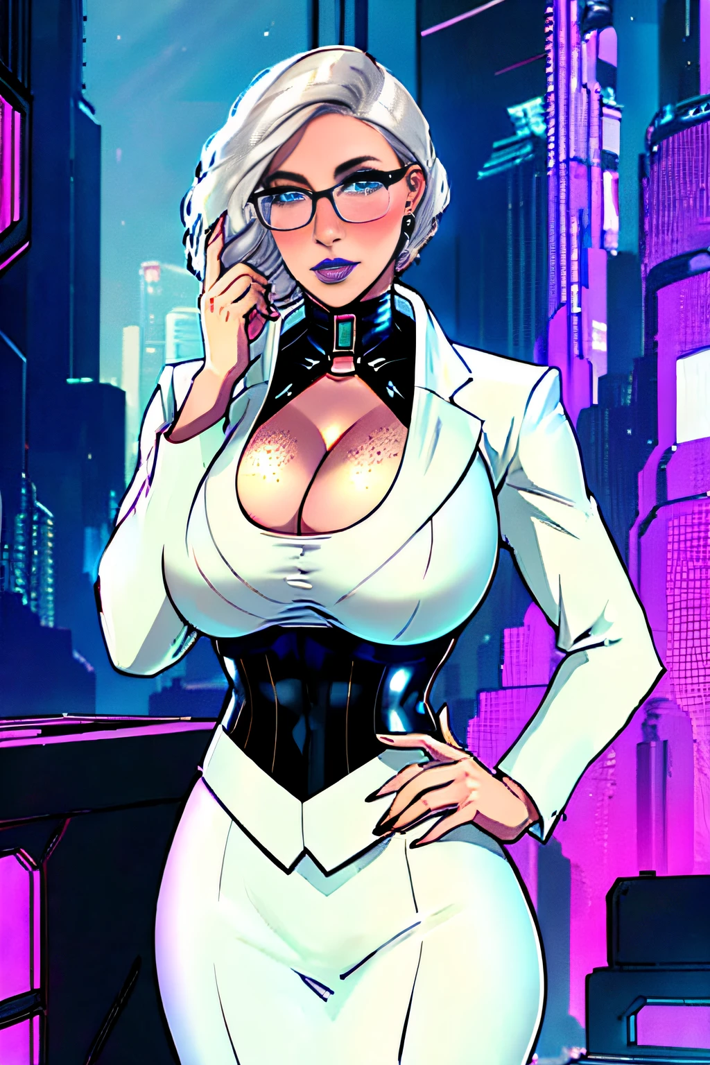 ch3rryg1g, ((masterpiece)), Caucasian, woman, beautiful, supermodel face, round cheeks, 1 Girl, large Boobs, curly bob cut, white hair, ((cyberpunk business suit, cleavage)), blue eye color: 1.5, (freckled face), ((glasses)), fingernails, earrings, blue lipstick, extremely detailed face, full lips, cyberpunk city background, ((standing))