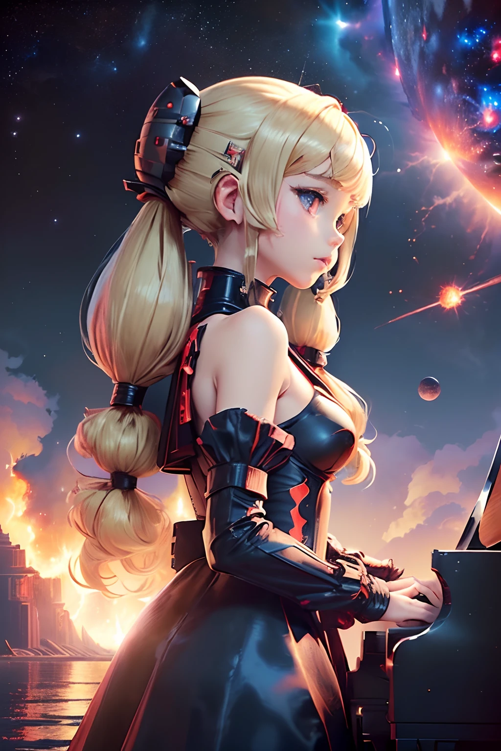 1girl in,(masutepiece), (Best Quality), (Best Detail), (Distant general perspective),(Off-the-shoulder red ruffle dress), (((Grand piano performance))), Very detailed face, sci-fi style,Futuristic landscape, Night (For months), shading ( A lot of contrast）,(((Petite girl with blonde twin tails))),(((Space Battleship))),(((Unknown Planet))),(((Angle from the side))),(((Supernova explosion)))