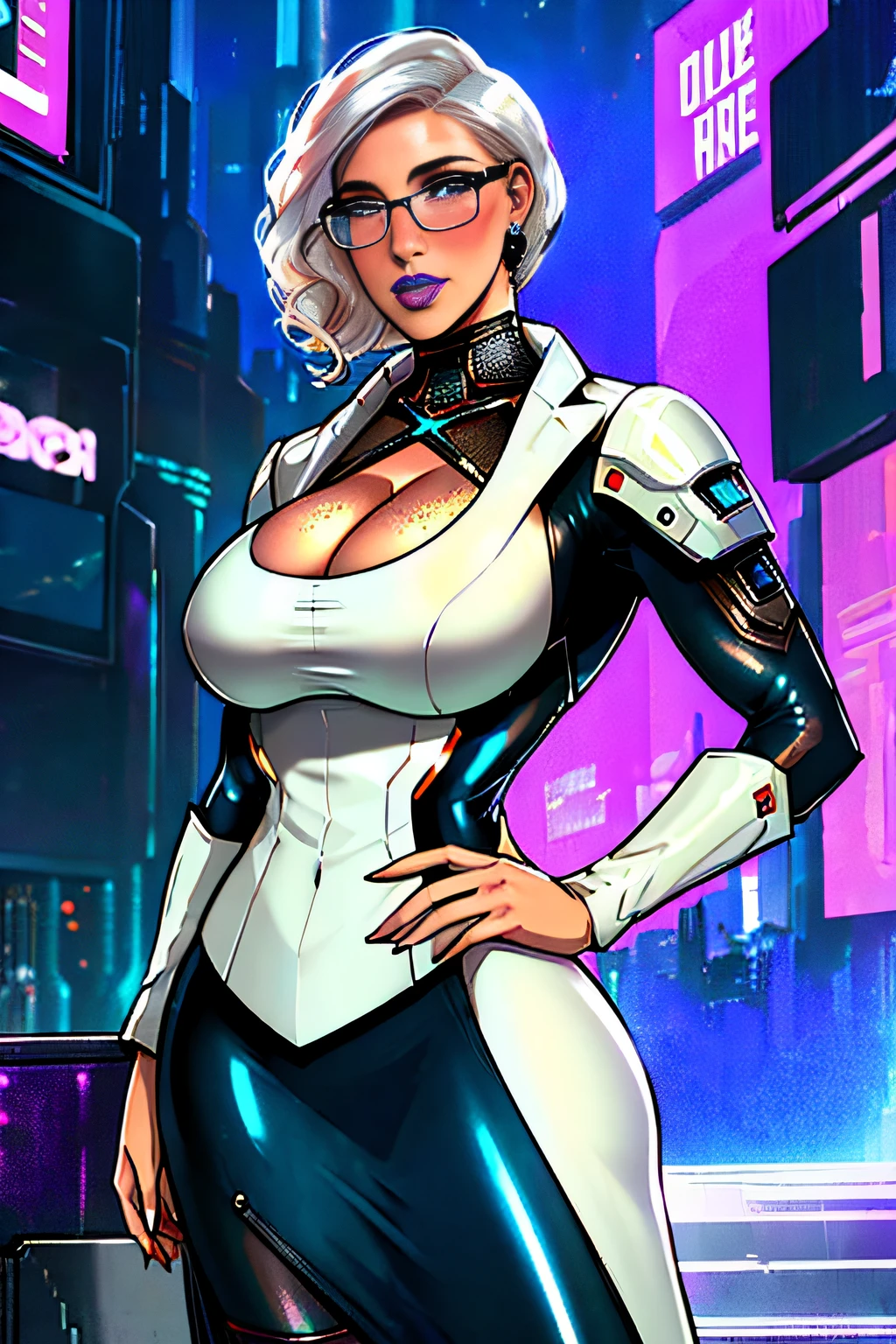 ch3rryg1g, ((masterpiece)), Caucasian, woman, beautiful, supermodel face, round cheeks, 1 Girl, large Boobs, curly bob cut, white hair, ((cyberpunk business suit, cleavage)), blue eye color: 1.5, (freckled face), ((glasses)), fingernails, earrings, blue lipstick, extremely detailed face, full lips, cyberpunk city background, ((standing)), sultry expression