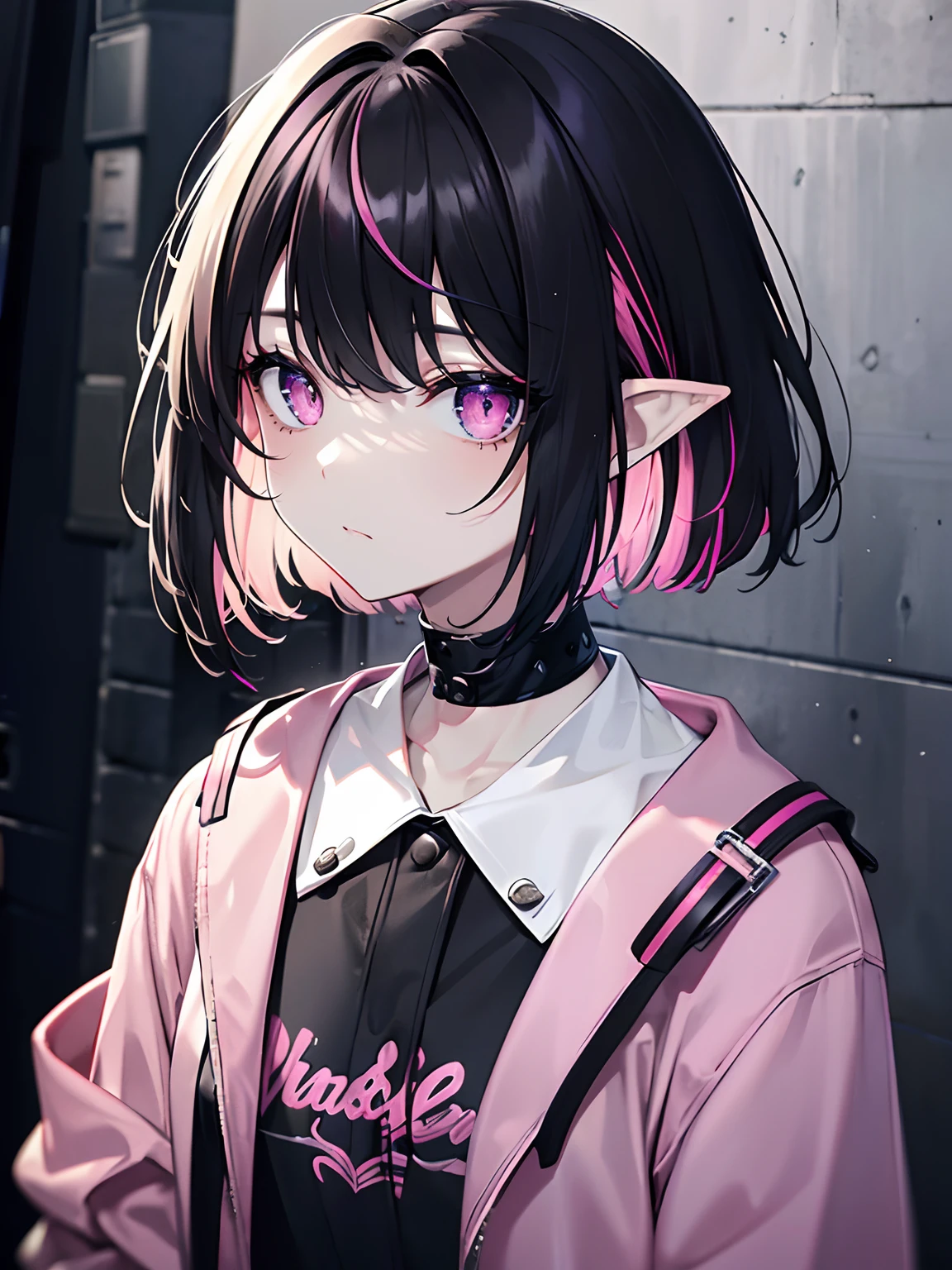 (masterpiece,best quality,ultra-detailed),1girl,messy hairstyle,thick hair,short hair,bob cut, (multicolored hair,pink and black hair, black hair),aesthetic hairstyle,pointy ears,(pale skin),pink outfit, beautiful and detailed face, detailed eyes, jacket, white shirt,pink Cardigan,rock punk fashion,night,fog,looking at viewer,small chest,((grey theme)),((rock punk theme)),street