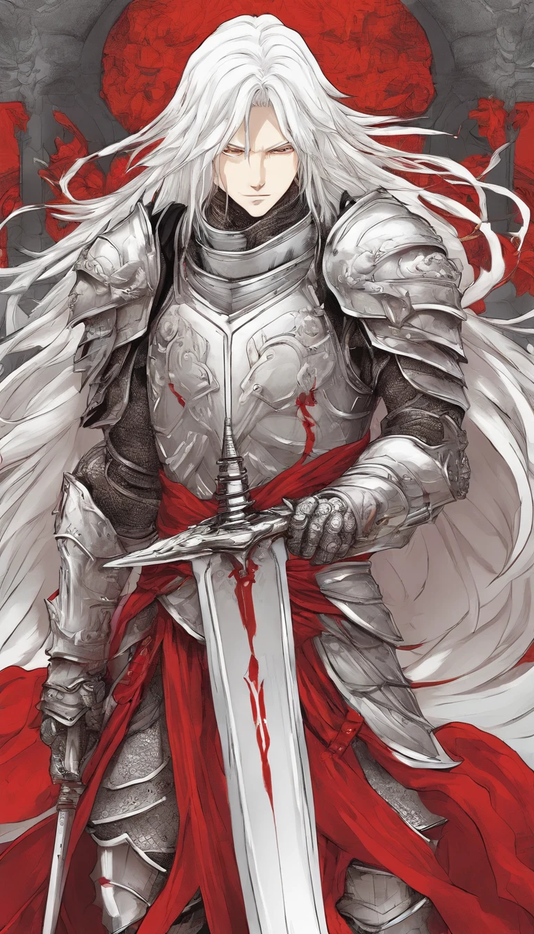 One Male albino knight with long hair, wearing heavy armor with a red hood carrying a long swords