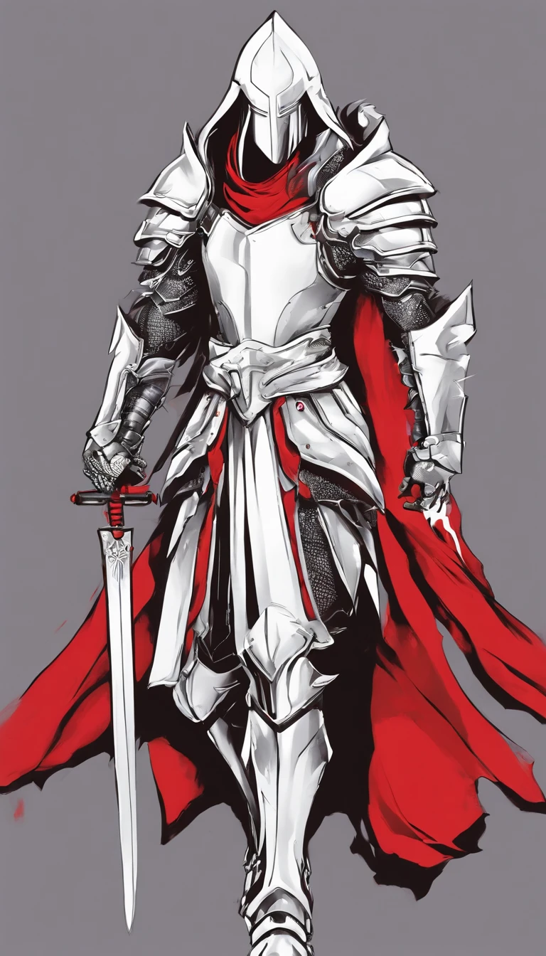 One Male albino knight with long hair, wearing heavy armor with a red hood carrying a long swords
