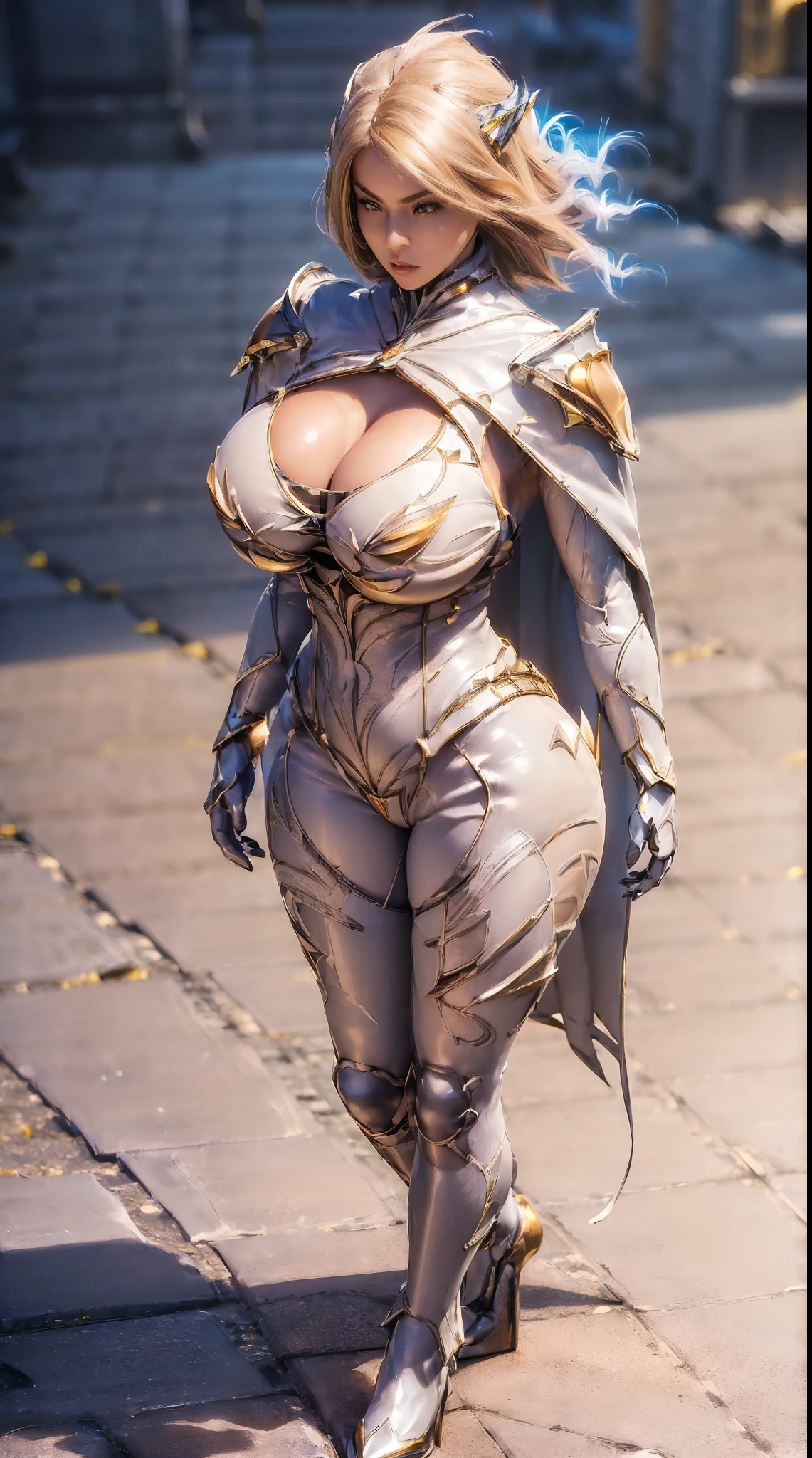 (1GIRL, SOLO:1.7), (HUGE FAKE BOOBS:1.2), (WHITE, GOLD), (EMPTY CITY BACKGROUND), (FUTURISTIC PHOENIX MECHA BODYSUIT, CLEAVAGE, ROYAL CAPE:1.3), (SKINTIGHT YOGA PANTS, HIGH HEELS:1.2), (BUSTY BODY, MUSCLE ABS, FULL BODY VIEW:1.4), (LOOKING AT VIEWER), (WALKING DOWN:1.3), ULTRA HIGHT DETAIL, 8K, 1080P.