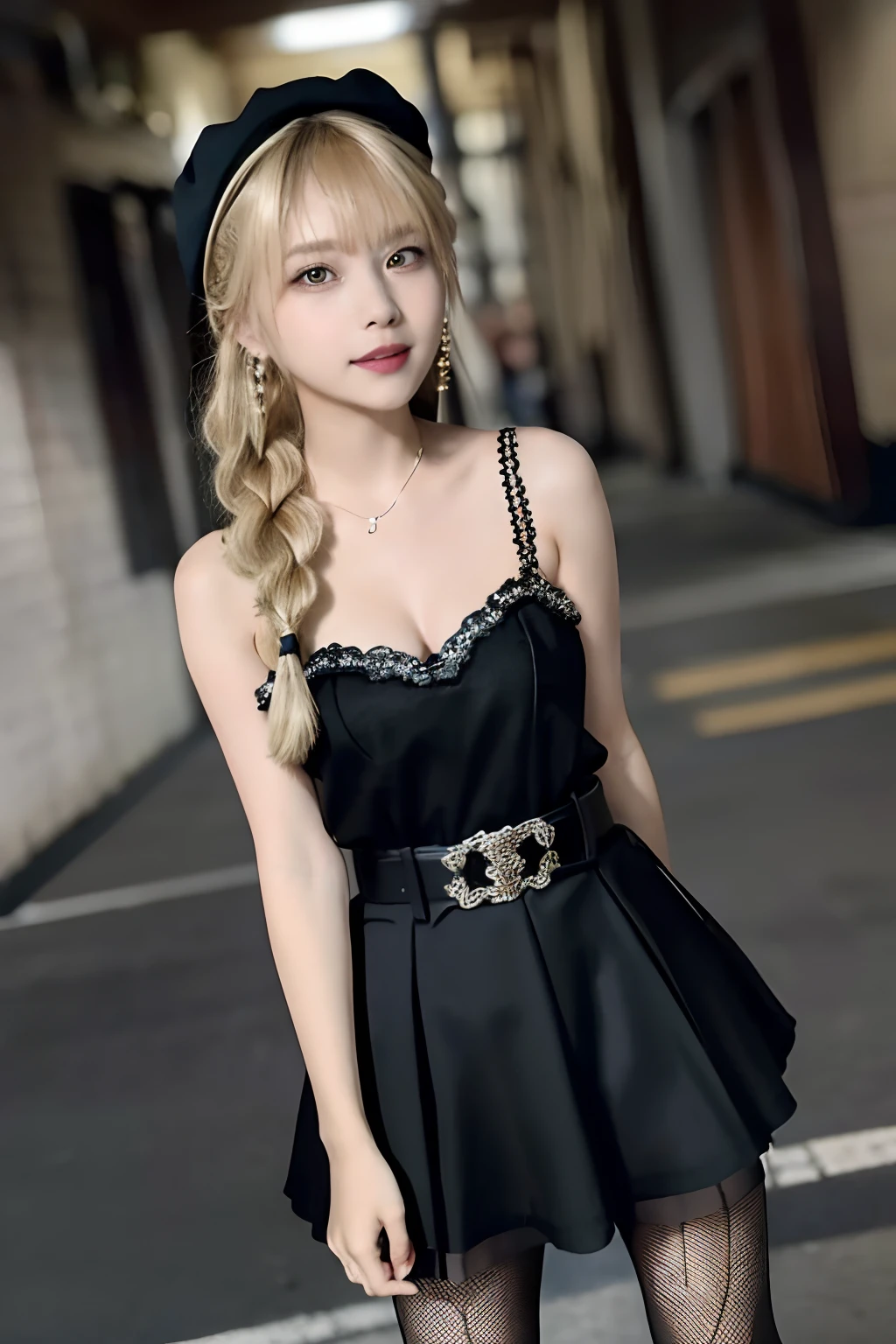 masutepiece, Best Quality, hight resolution, UH, Blonde hair, braid, beret, black headwear, earrings, armlet, Plaid, Bare shoulders, Black bow, Black Dress, Wrist cuffs, Bracelet, Belt bag, fishnets pantyhose, idolmaster cinderella girls, Night, city, Street, Standing, Cowboy Shot, Arms at sides, straight-on,