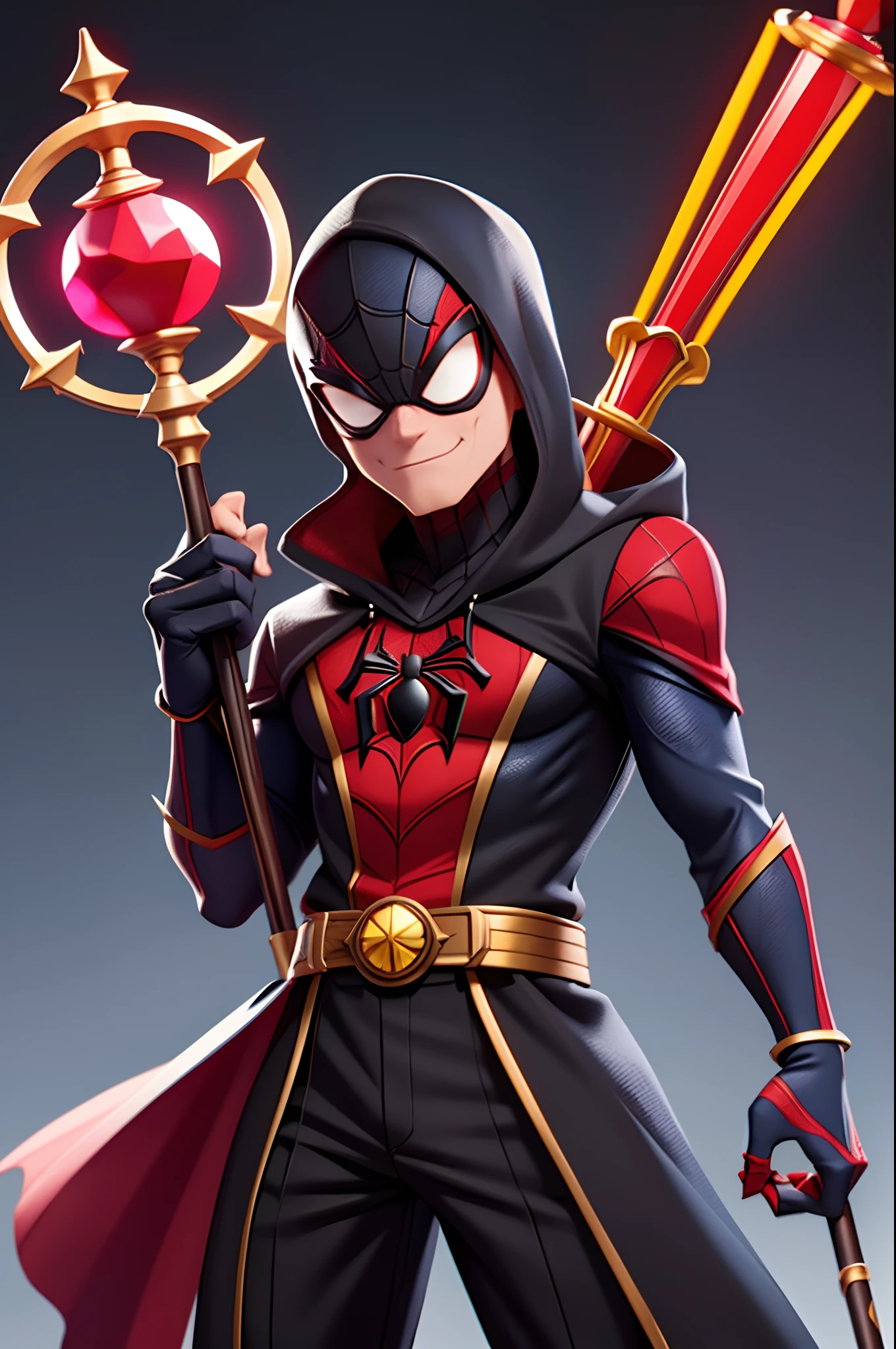 Spiderman, black yellow and red wizard-like costume, holding a magic staff with a red ruby on it, masterpiece, best quality