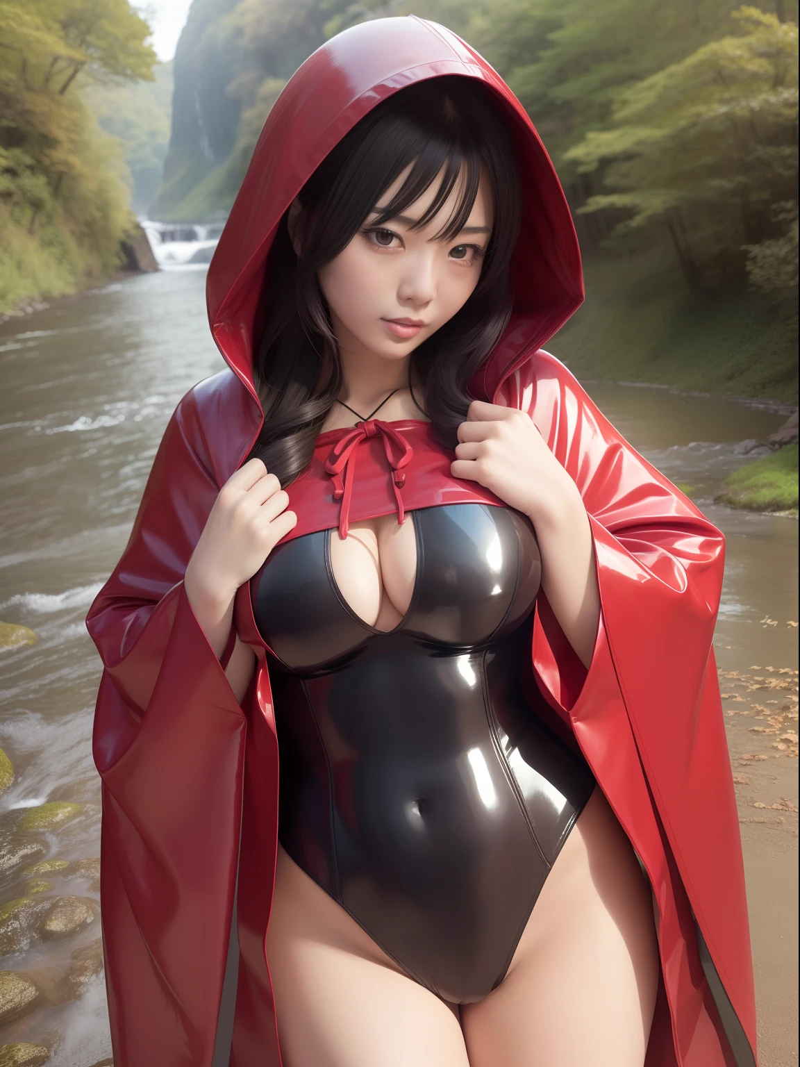 masutepiece,A hyper-realistic,32K,the Extremely Detailed CG Unity 8K Wallpapers, Best Quality,(2 Beautiful Japan Woman),bobhair,Dark heroine,(((Red latex cloak))),Red latex food,Large bust,Skin fit,(low angles),a moon,(Film grain:1.2), (Film Overlay:1.3),A smile, (Hugging and looking at us),,in woods,falls,Looking here