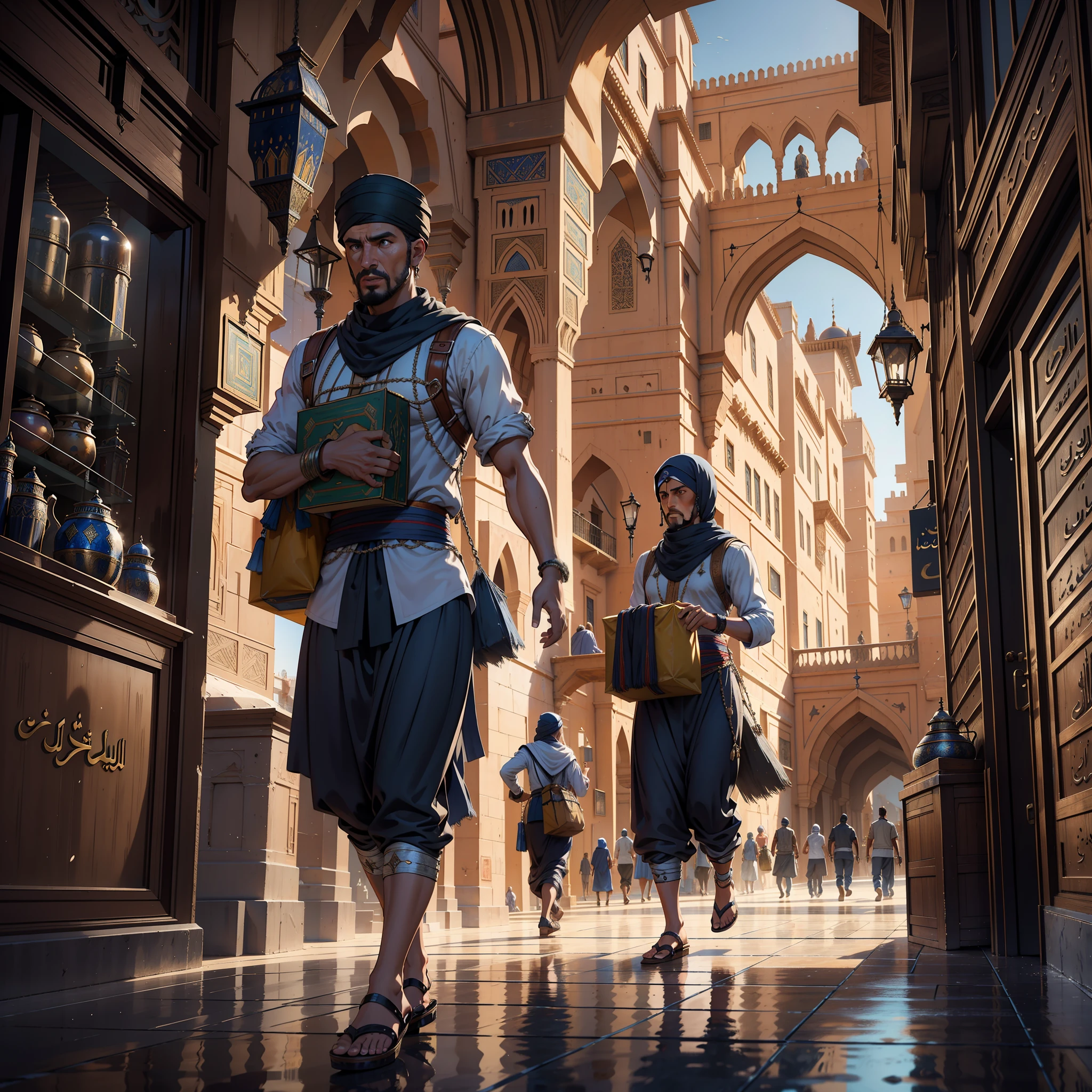 hyper realistic super detailed Dynamic shot masterpiece cinematic scene scenes movie epic legendary moroccan city islamic architecture moroccan souk moroccan carrying medieval moroccan carrying merchandise large environment Moroccan islamic hyper realistic super detailed 3D view