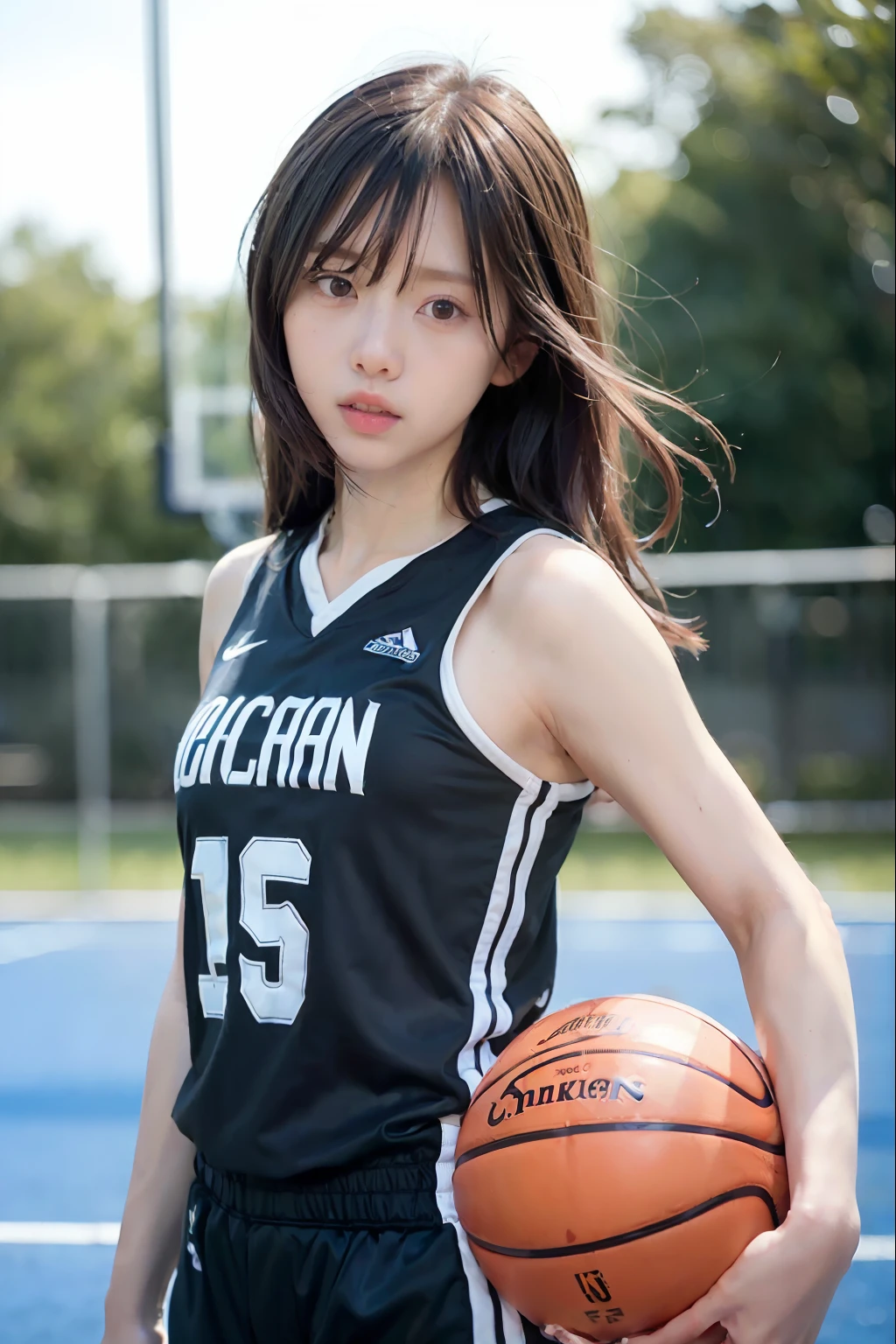 (8k, Best Quality, Masterpiece: 1.2), (Realistic, Realistic: 1.37), Ultra Detailed, Best Quality, Ultra High Resolution, Professional Lighting, Photon Mapping, Radiosity, Physically Based Rendering, Cinematic Lighting, Basketball Court, Depth of Field, Sharpness focus, sunlight, good composition, (bokeh: 1.2) 1girl, solo, (full body), (closed mouth), beautiful and detailed eyes, pose, narrow waist, basketball uniform, black hair, messy hair, long hair blowing in the wind, (ulzzang-6500:1.2) mix4, hiqcgbody