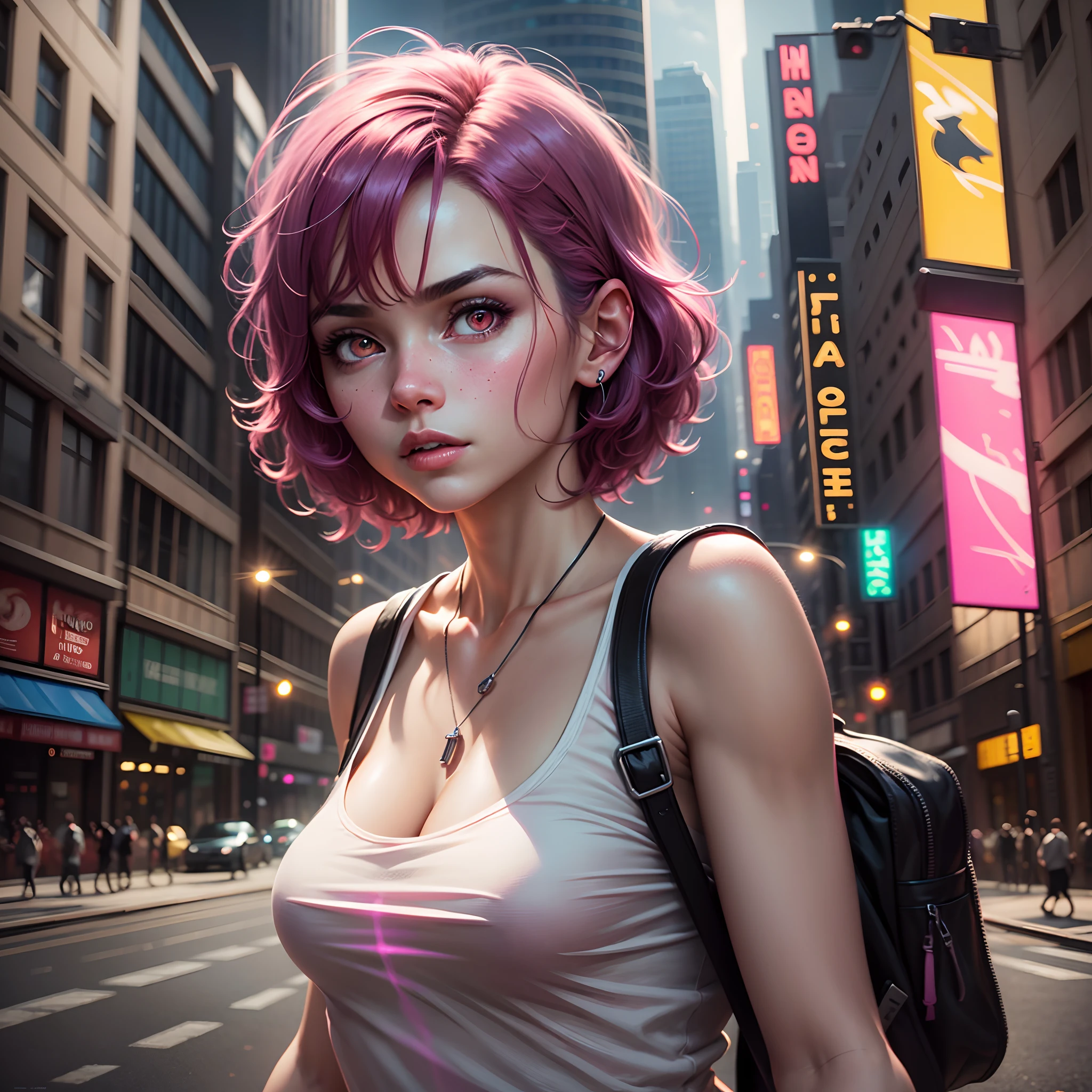short magenta hair, pink glowing eyes, high quality, cinematic radius, realistic digital art illustration poster film portrait, epic lighting, cinematic lighting, high res, (detailed image:1), insane details, smooth, hyper realistic, (highly detailed: 1.2), masterpiece, 8k uhd, digital art style, full body shot, pants, small shirt, medium breast,