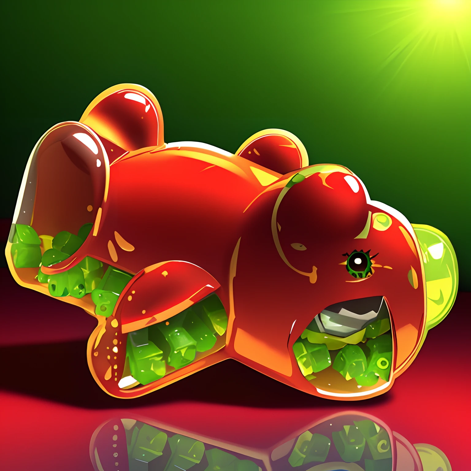 green gummy bear, cannabis nugs inside, cannabis plant, cannabis leafs, red eyes