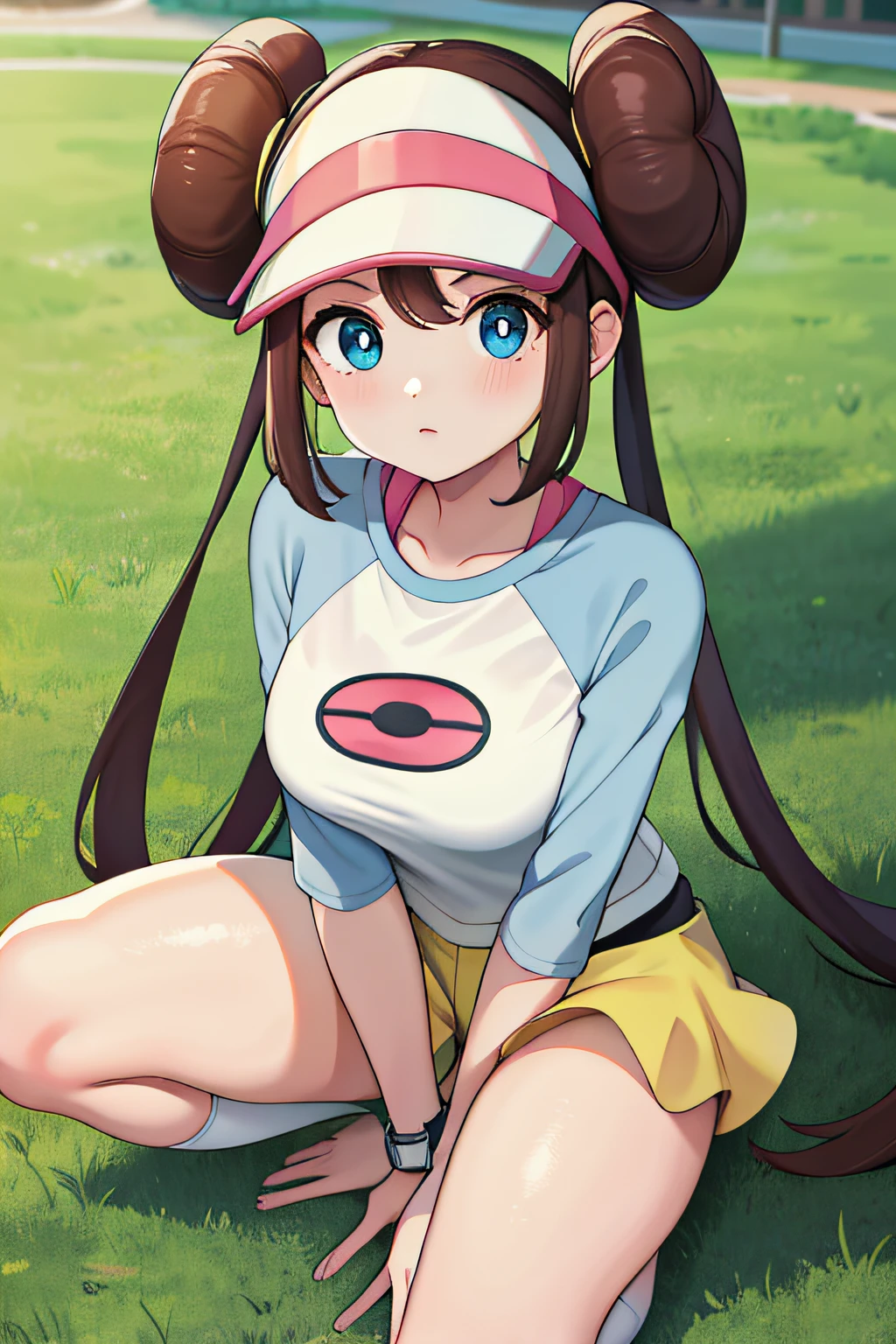 ​masterpiece, top-quality, hight resolution, RO1, Hair buns, blue eyess, Twin-tailed, Visor Cap, panthyhose, raglan sleeves, Yellow Shorts, The shirt, Pink ribbon, Watches, Slouched, gym, crouching down, 30 Denier Soft Touch Comfort Tights, see -through, thighs thighs thighs thighs, Attractive thighs,