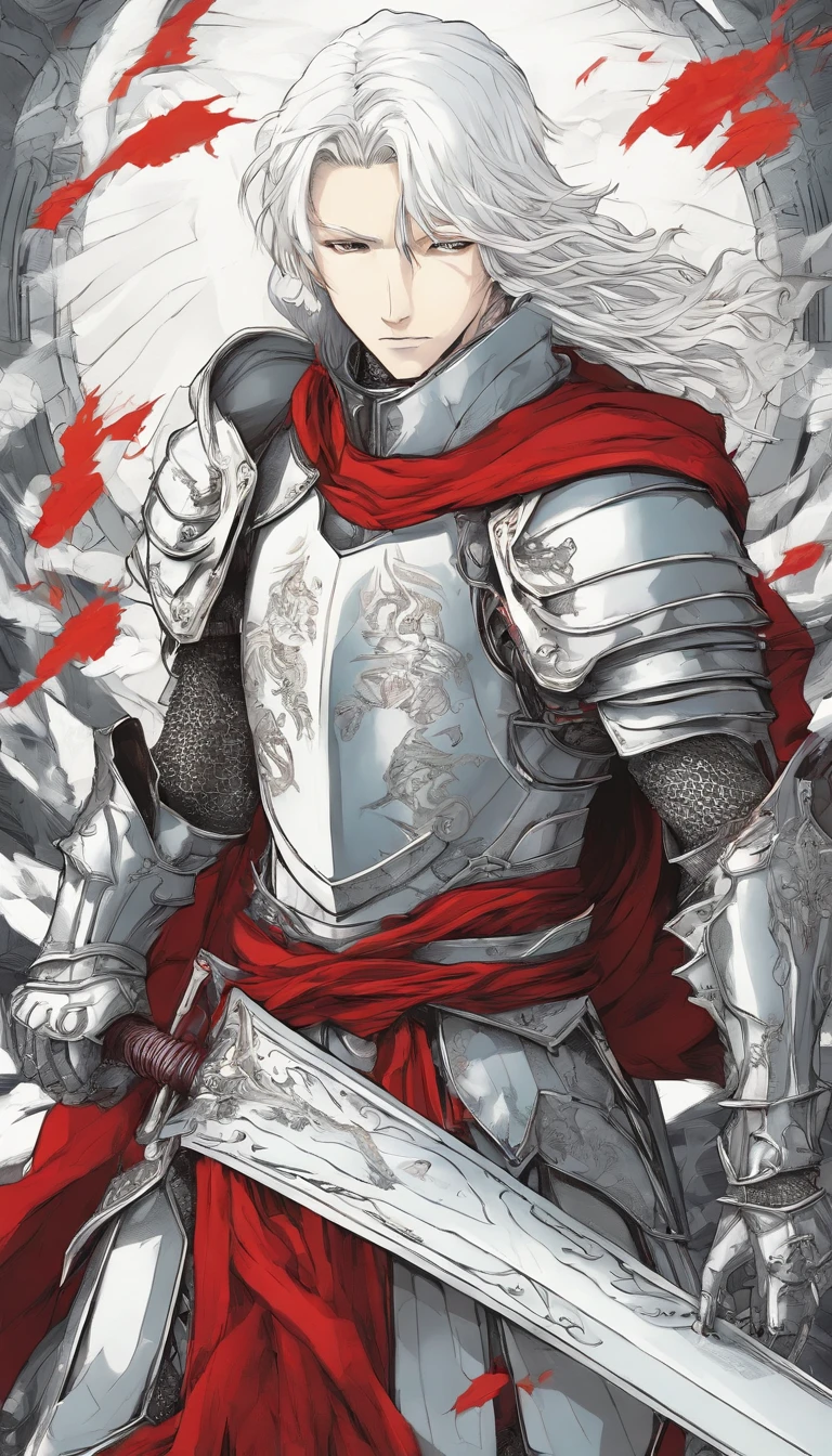 One Male albino knight with long hair, wearing heavy armor with a red hood carrying a long swords