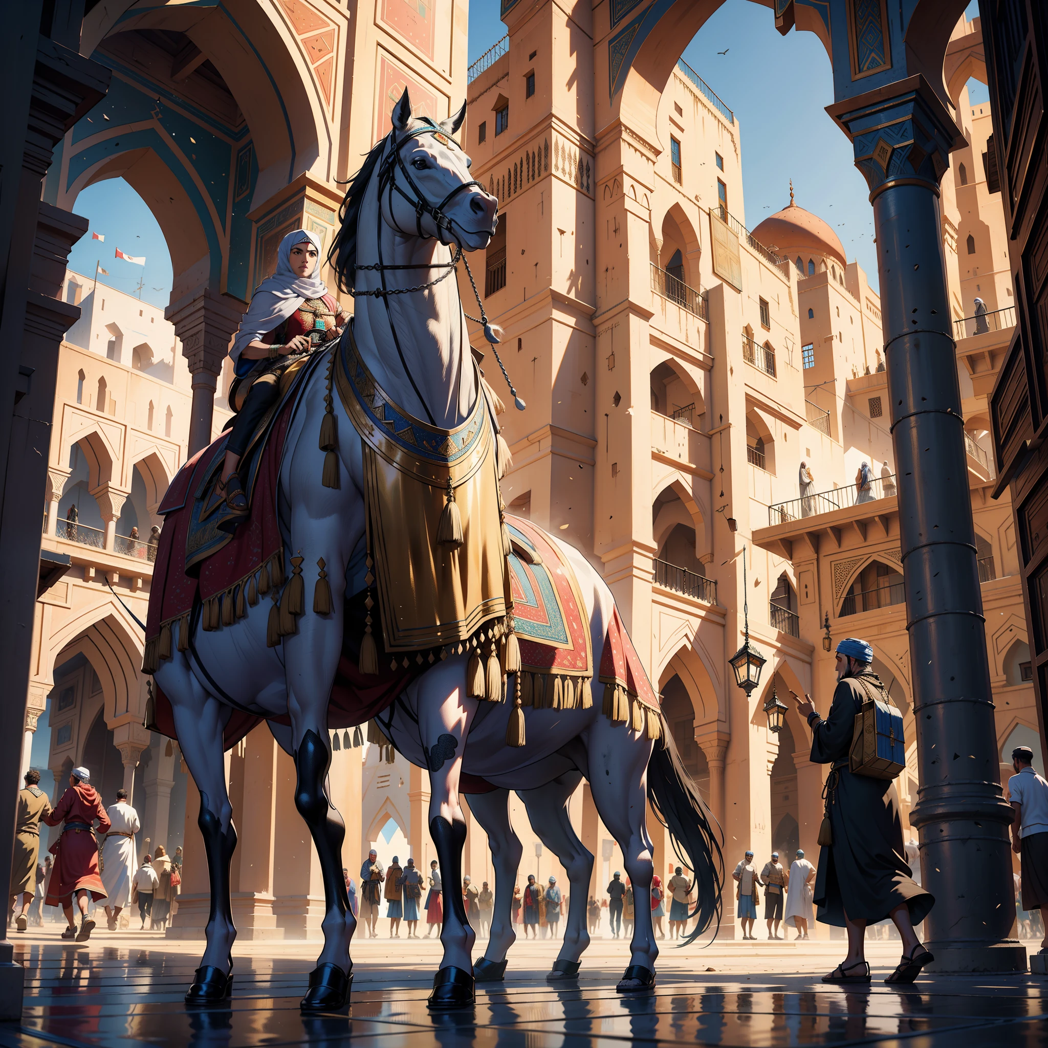 hyper realistic super detailed dynamic shot masterpiece cinematic scene epic scenes legendary moroccan city moroccan architecture moroccan architecture souk crowded by medieval moroccan wearing islamic moroccan clothing medieval moroccan carrying merchandise large moroccan environment hyper realistic super detailed 3d view