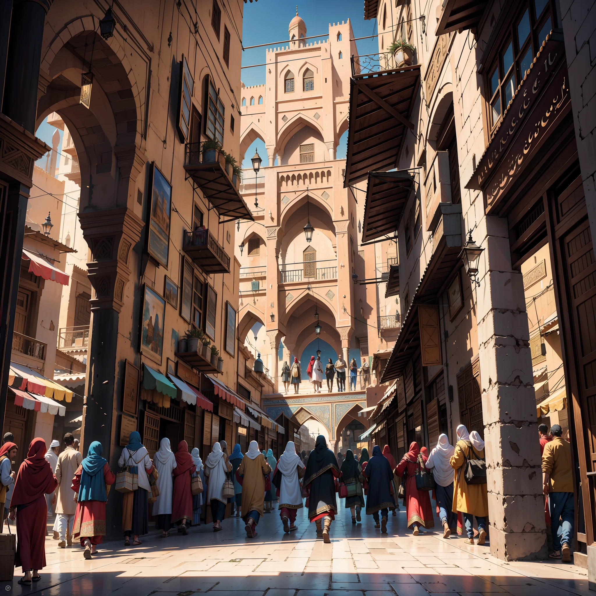 hyper realistic super detailed dynamic shot masterpiece cinematic scene epic scenes legendary moroccan city moroccan architecture moroccan architecture souk crowded by medieval moroccan wearing islamic moroccan clothing medieval moroccan carrying merchandise large moroccan environment hyper realistic super detailed 3d view