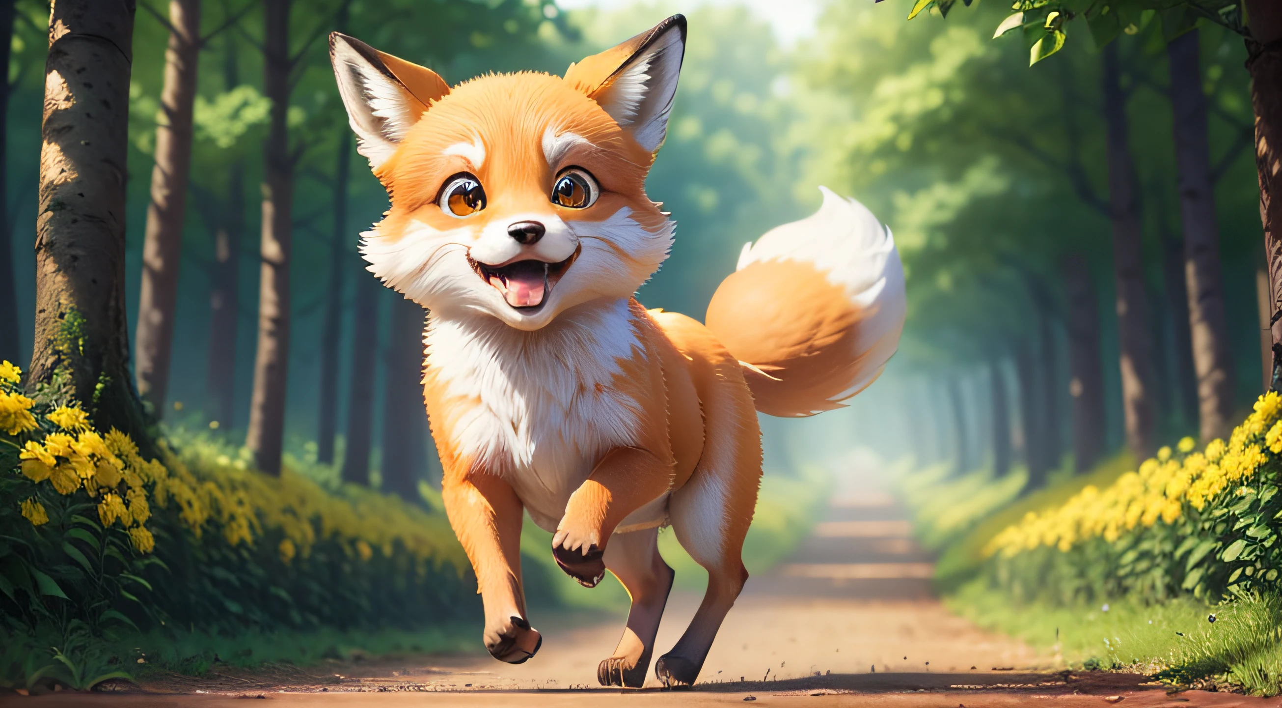 view of a adorable fox running excitedly through the verdant Forest, Close-up, back the Lens, Pixar Movie Style, best quality, Cinematic Movie Still, very cute, big eyes, bright eyes, yellow flowers around path, opening your mouth, very happy, amazing eyes
