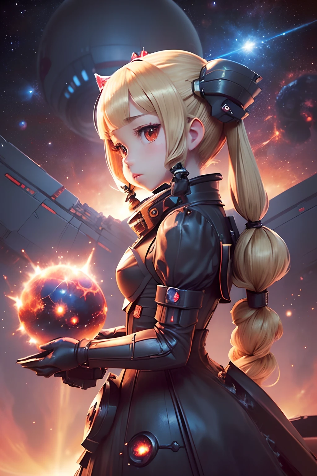 1girl in,(masutepiece), (Best Quality), (Best Detail), (Distant perspective),(Medieval red ruffled dress), (((Grand piano performance))), Very detailed face, sci-fi style,Futuristic landscape, Night (For months), shading ( A lot of contrast）,(((Petite girl with blonde twin tails))),(((Space Battleship))),(((Unknown Planet))),(((Angle from the side))),(((Supernova explosion)))