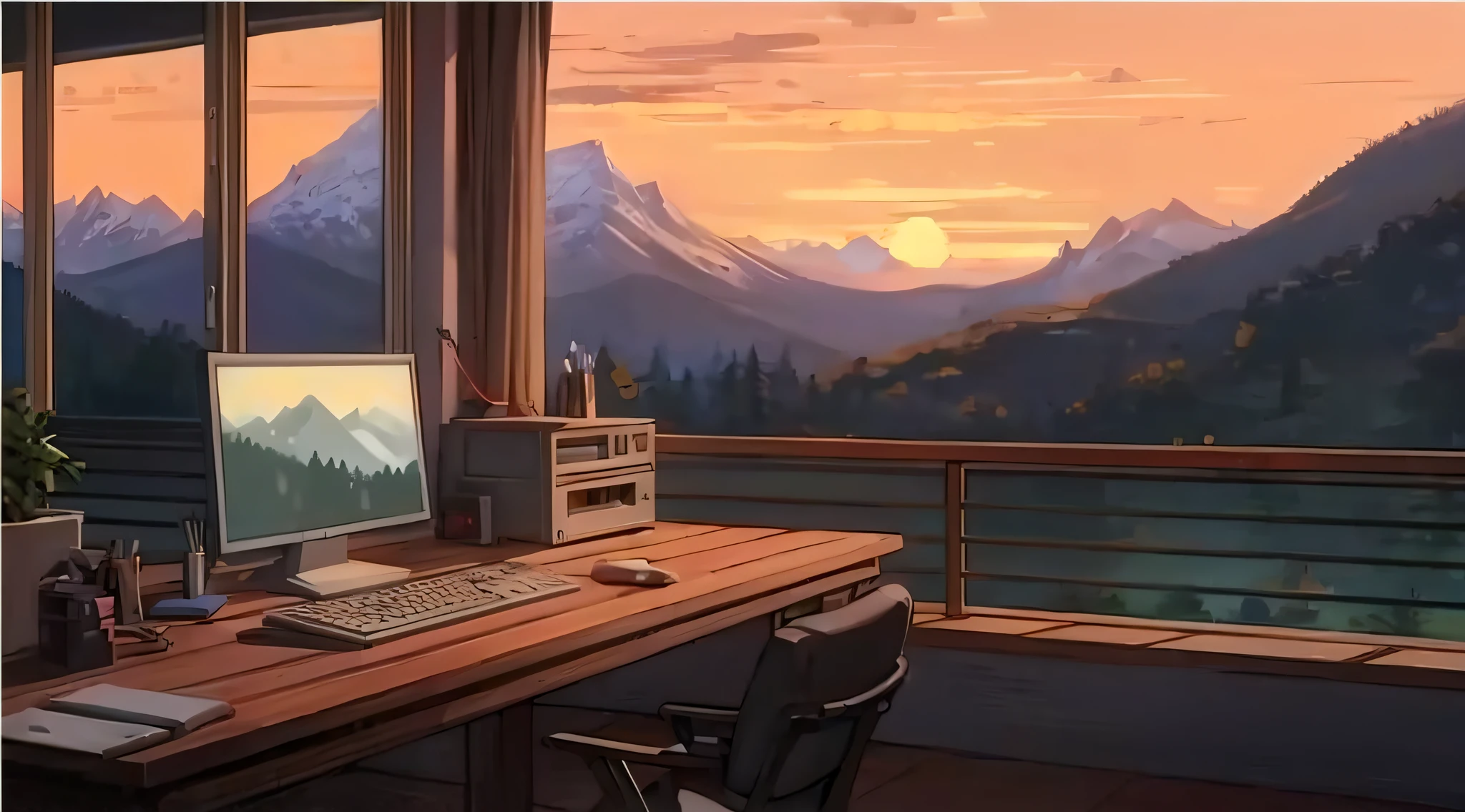 There's a computer on a desk in front of a window, arte de fundo, papel de parede do computador, papel de parede do pc, high quality desktop wallpaper, computer aesthetic, office background, Arte de fundo, modern desktop wallpaper, arte de fundo do anime, Elogio Artstyle, papel de parede de alta qualidade, ambiente tranquilo, arte conceitual relaxante, papel de parede para monitor, Papel de parede aconchegante, Montanhas ao fundo