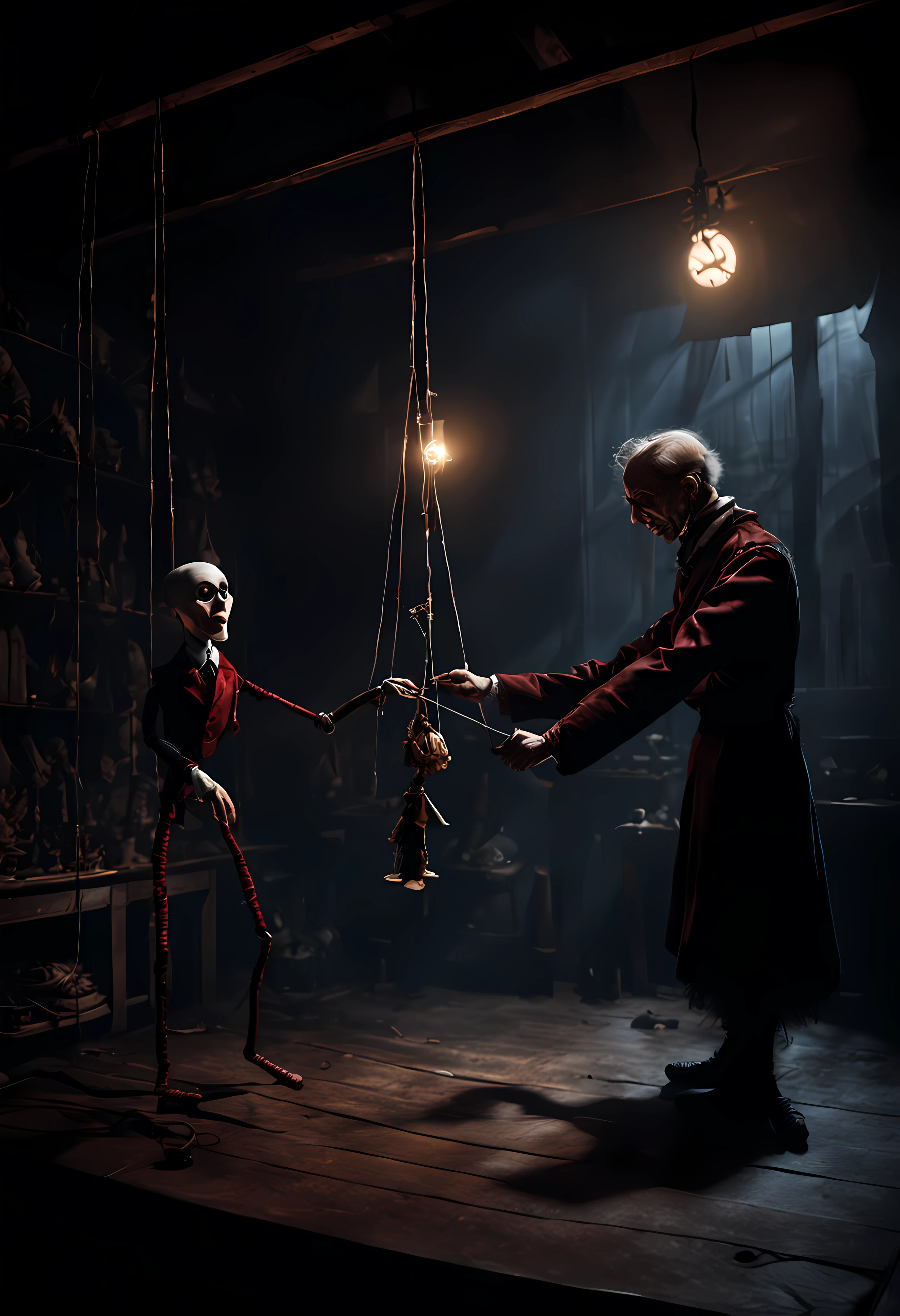 Craft an image of a puppeteer whose marionettes have come to life, their strings controlled by a sinister figure lurking in the shadows, pulling the strings of fate, ultra wide shot, fantasy horror art, photorealistic dark concept art, in style of dark fantasy art, detailed 4k horror artwork, stefan koidl inspired, ((stefan koidl))