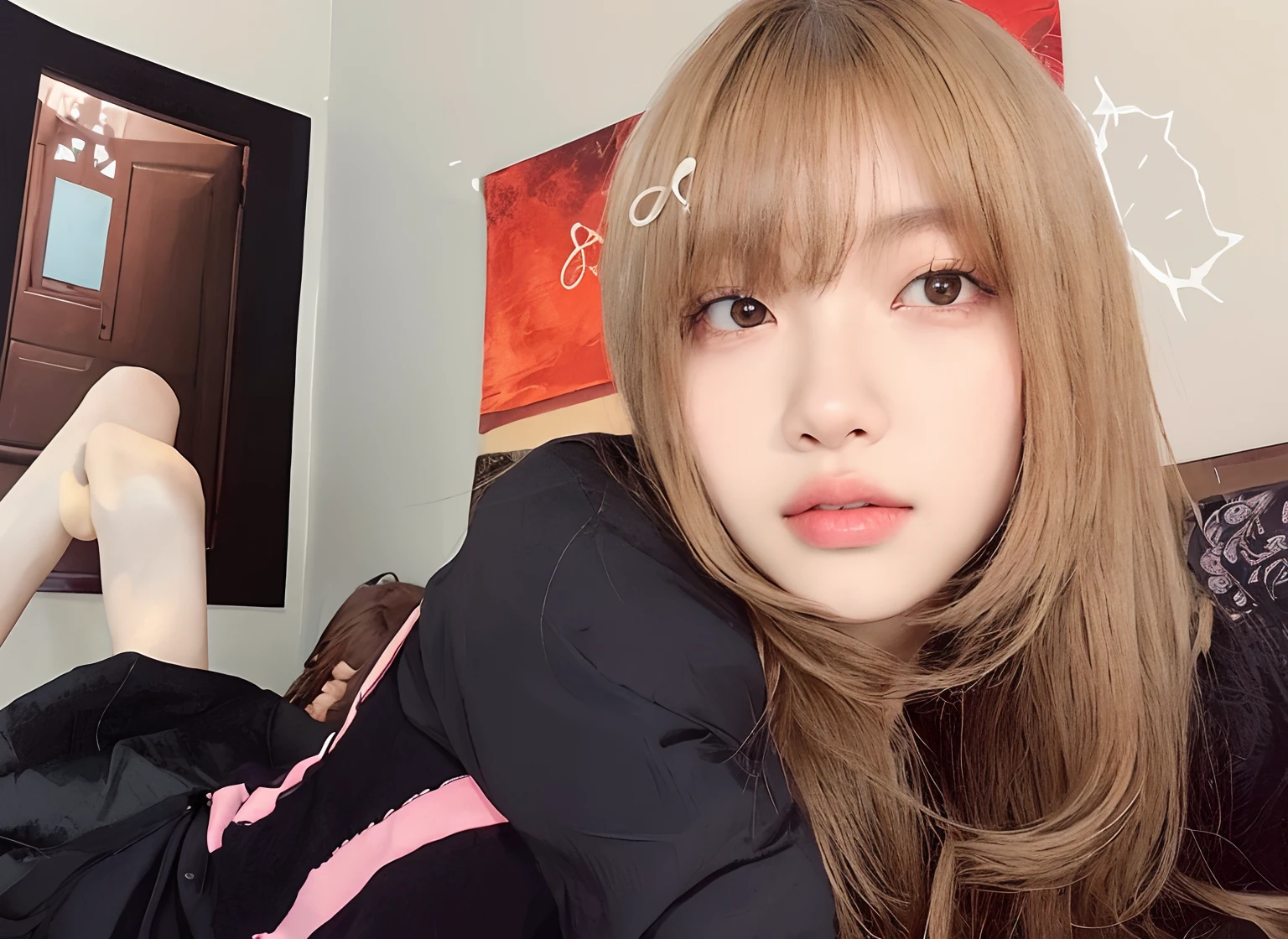 there is a woman laying on a bed with a teddy bear, Lalisa Manoban do Blackpink, Lalisa Manobal, Retrato de Jossi de Blackpink, jossi do blackpink, Parque Roseanne do Blackpink, O corte Hime, Massa Amane *, Ulzzang, Sakimichan, Chiho, Massa Amane, com franja
