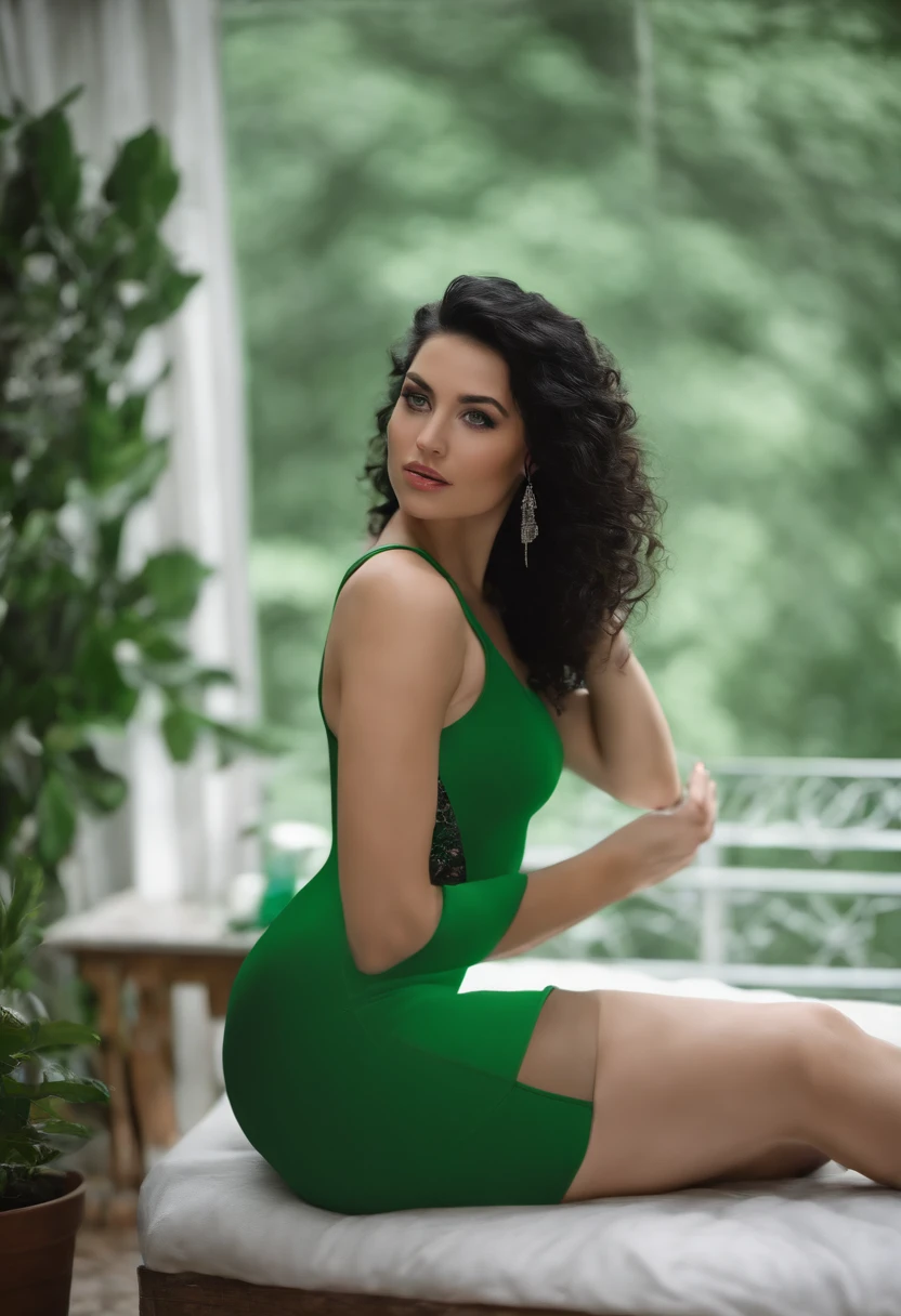 Athletic pale girl , suggestive pose in bodycon dress, visible vagina, showing you her white painted toes, black curly hair green eyes, photo realistic, NSFW