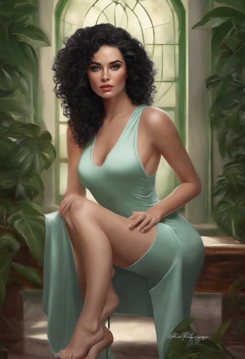 Athletic pale girl , suggestive pose in bodycon dress, visible vagina, showing you her white painted toes, black curly hair green eyes, photo realistic, NSFW