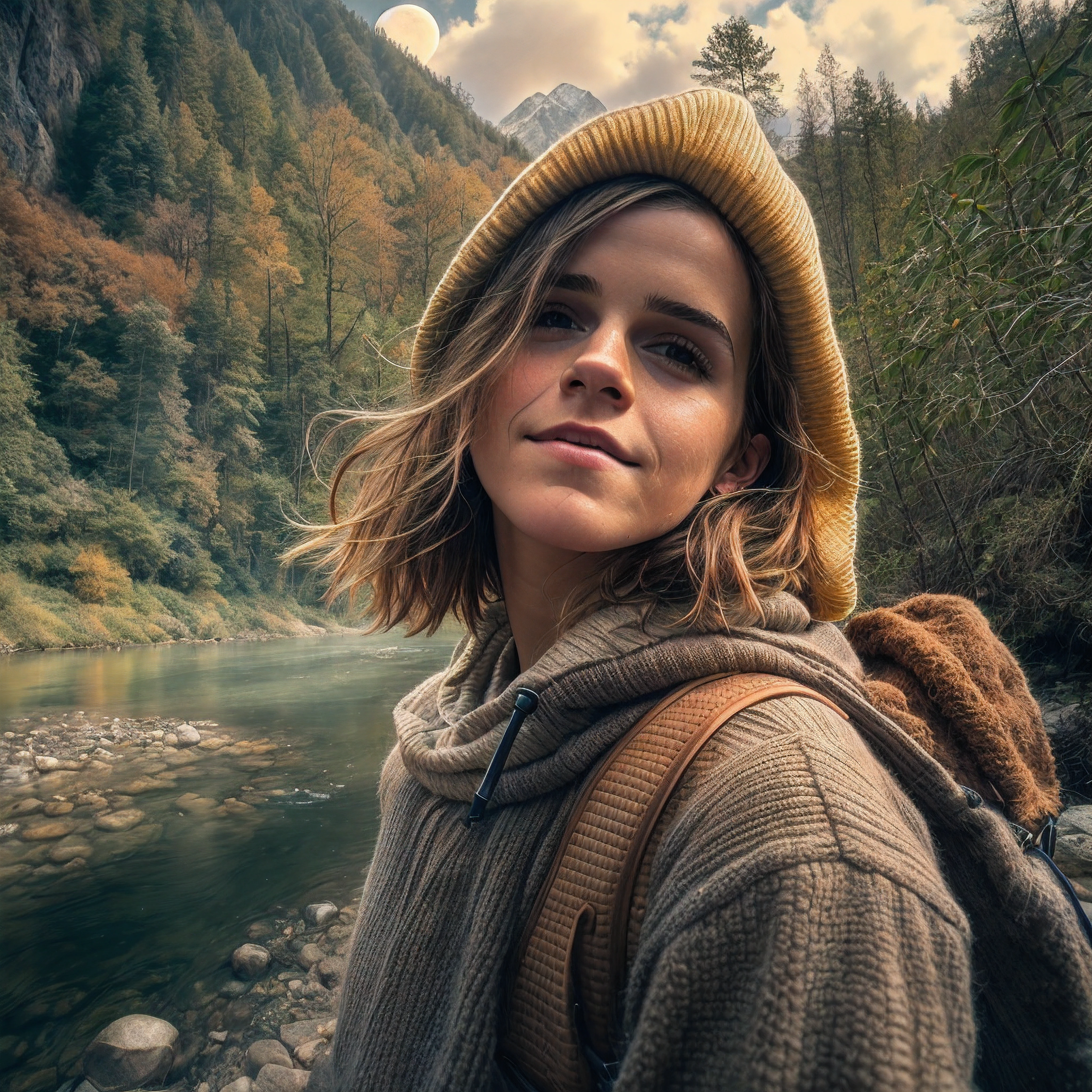 1 Emma Watson ((upper body selfie, happy)), masterpiece, best quality, ultra-detailed, solo, outdoors, (night), mountains, nature, (stars, moon) cheerful, happy, backpack, sleeping bag, camping stove, water bottle, mountain boots, gloves, sweater, hat, flashlight, forest, rocks, river, wood, smoke, marijuana, weed, shadows, contrast, clear sky, analog style (look at viewer:1.2) (skin texture) (film grain:1.3), (warm hue, warm tone)
:1.2), close up, cinematic light, side lighting, ultra high res, best shadow, RAW, upper body, Emma Watson, wearing pullover