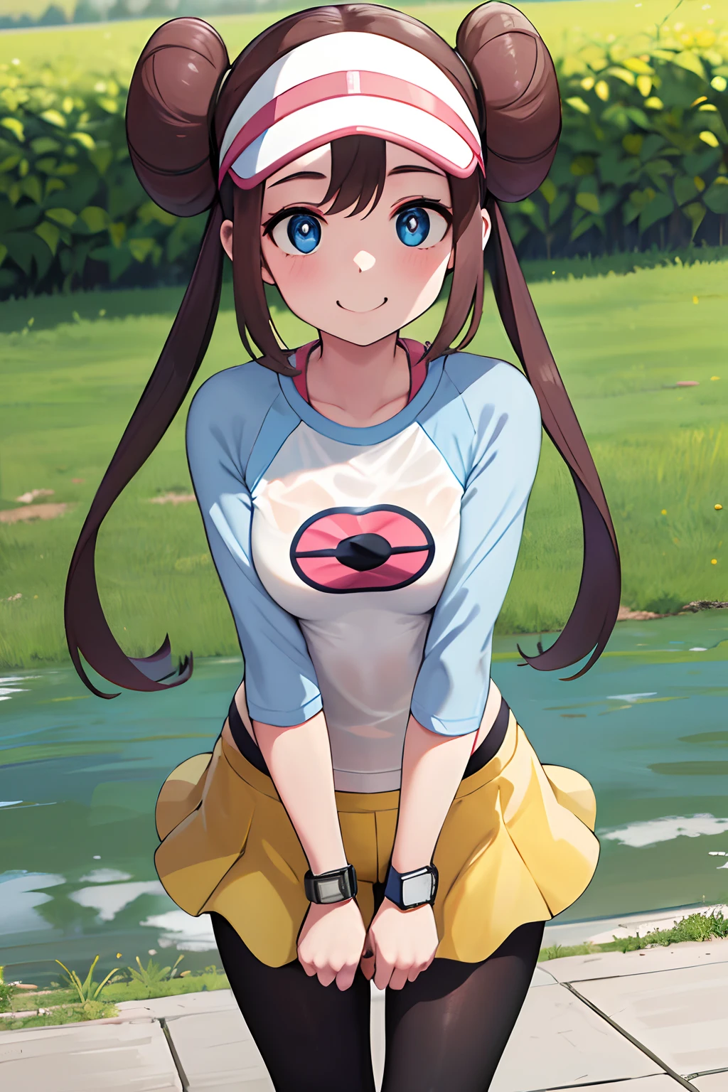 masterpiece, top-quality, Hi-Res, RO1, Hair buns, blue eyess, Twin-tailed, Visor Cap, panthyhose, raglan sleeves, Yellow shorts, The shirt, Pink ribbon, wrist watch, is standing, cowboy shot, deph of field, pokeball \(basic\), Smile masterpiece, top-quality, hight resolution, RO1, Hair buns, blue eyess, Twin-tailed, Visor Cap, panthyhose, raglan sleeves, Yellow Shorts, The shirt, Pink ribbon, Watches, Slouched, gym, crouching down, 30 Denier Soft Touch Comfort Tights, see -through, Reflection of myself in a puddle