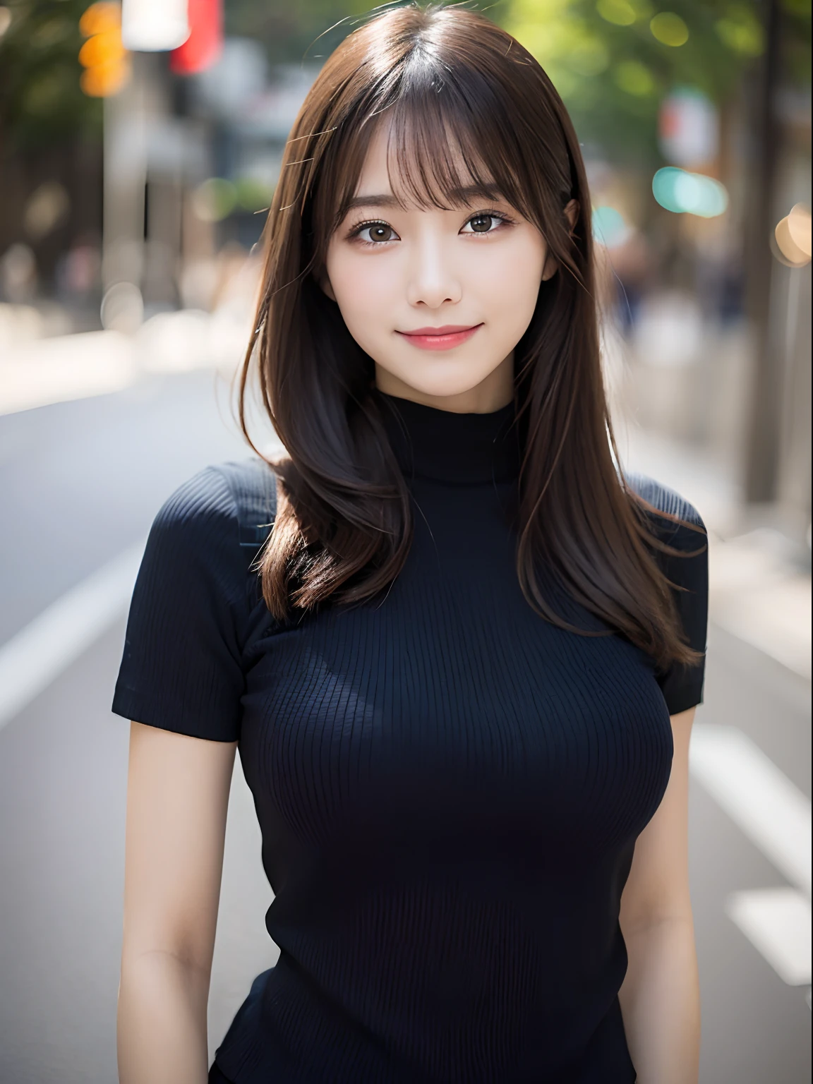 masutepiece, Best Quality, Photorealsitic, finely detail, hight resolution, 8K Wallpapers, Perfect dynamic composition, Beautiful detailed eyes, Medium straight hair, Random and sexy poses,Random situations、Light black tight knit shirt、(Beautiful Breast Bulge 1.3)、A big smile、bokeh feeling、natural、25-years old、(Drooping eyes 1.3)、Adult beauty、japanes