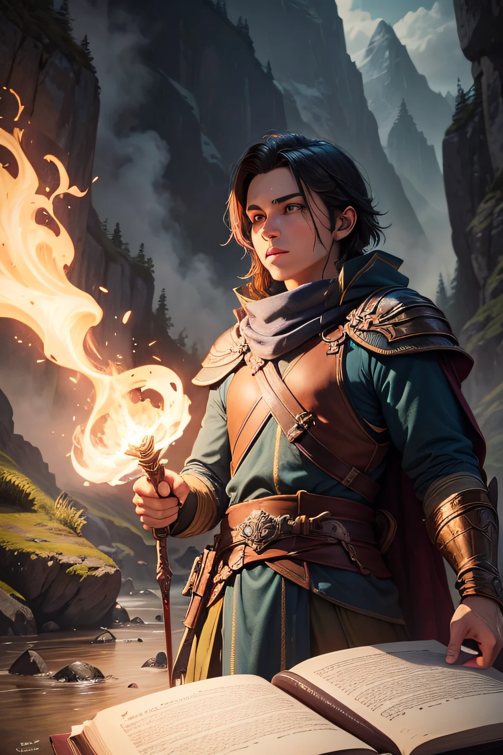 crie a capa de um livro onde tem um aventureiro em cima de uma montanha com uma espada, use temas coloridos como se fosse um jogo antigo de rpg, colorido e aventura