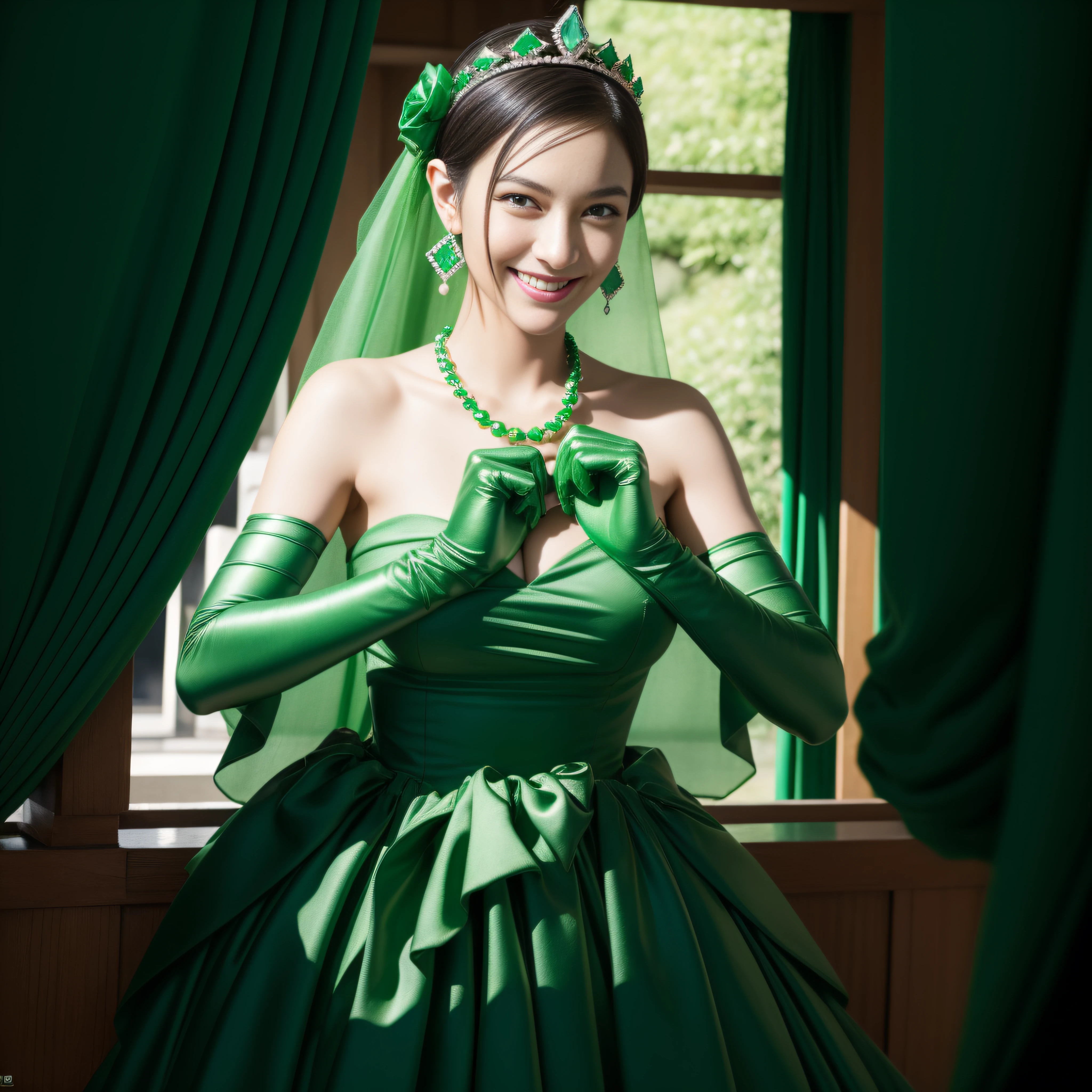 emerald tiara, Green Pearl Necklace, Boyish very short green hair, lipsticks, Japan woman smiling, very short short hair,  big breasts beautiful, Green eyes, Long green gloves made of satin material, Green eyes, Emerald Earrings, green vale