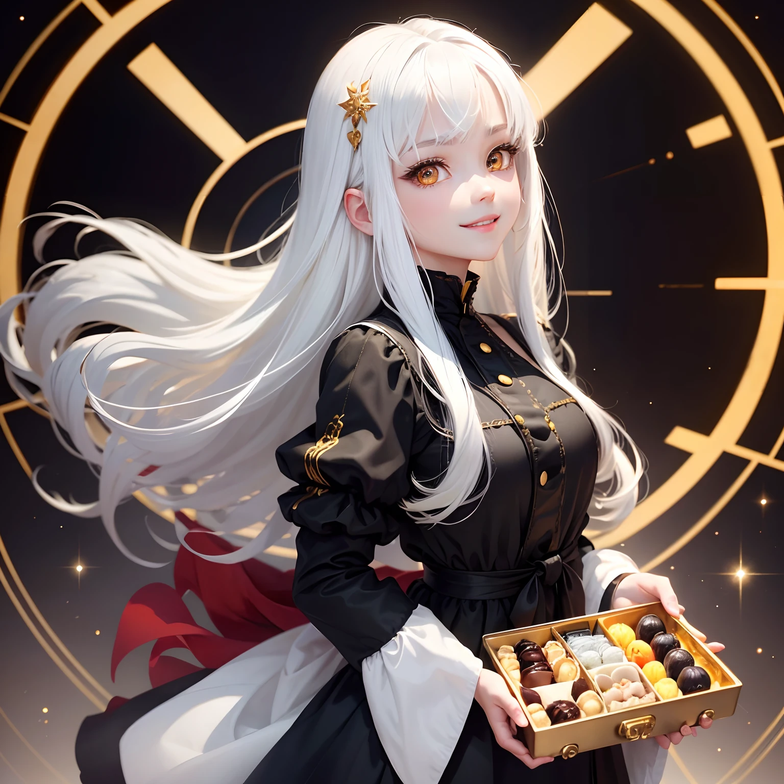 best quality, white hair, gold eyes, black clothes, looking up, upper body, hair strand, Fair skin, smiling, red bento