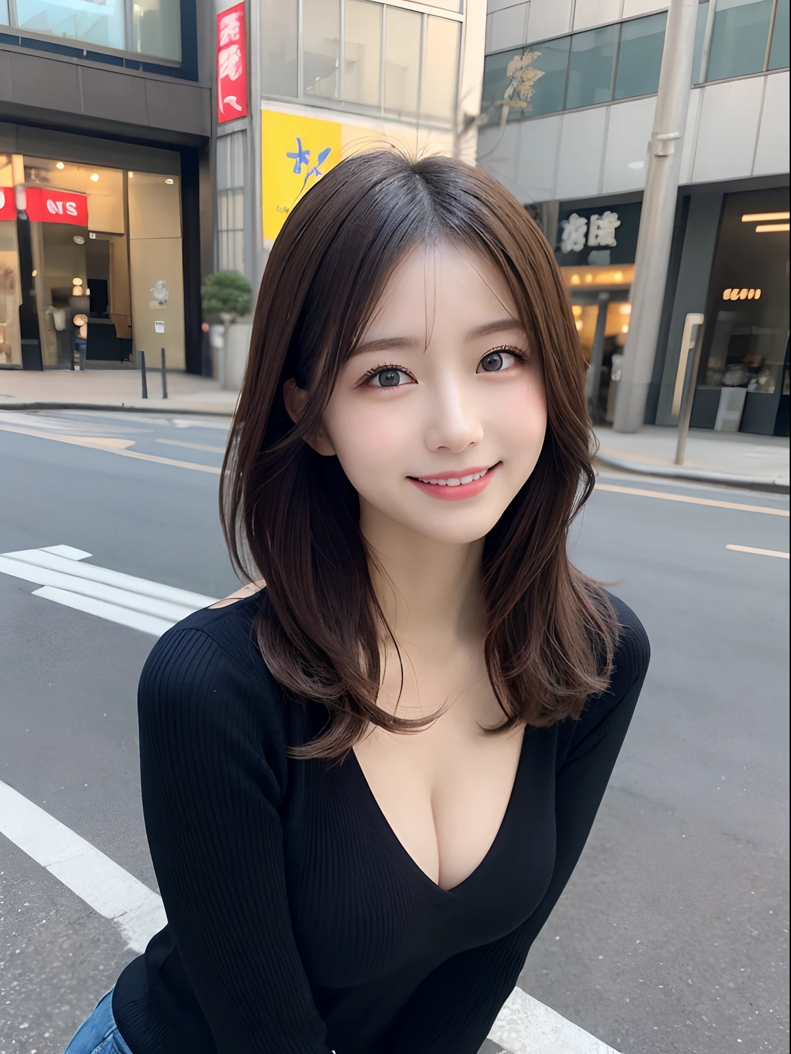 masutepiece, Best Quality, Photorealsitic, finely detail, hight resolution, 8K Wallpapers, Perfect dynamic composition, Beautiful detailed eyes, Medium straight hair, Random and sexy poses,Random situations、Light black tight knit shirt、(Beautiful Breast Bulge 1.3)、A big smile、bokeh feeling、natural、25-years old、(Drooping eyes 1.3)、Adult beauty、japanes