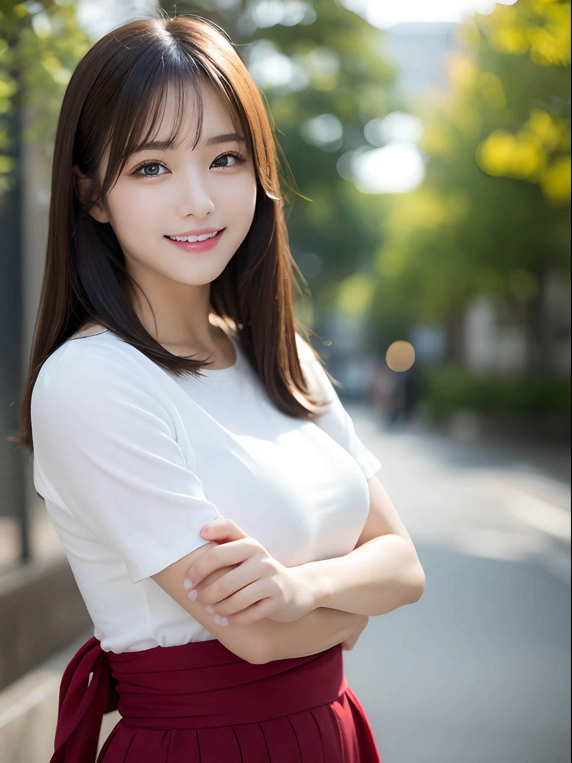Looking at the camera、gazing at viewer、huge tit、cute smile face、((realphoto:1.5)),Photorealistic、Live action、cleavage of the breast、Navy blue office suite with skirt、white shirt、Photo from the knee up、Keep your back straight、up chest、erect through、(Surreal), (High resolution), (8K), ((Extremely detailed)), (Best Illustration),(((Beautiful detailed round eyes))), (Sexy eyes),(Sexy smile), (Best Quality), (masutepiece), (Detailed face), Solo, long curly brown hair,1.1, (Super detailed lip lawn eyelid body)