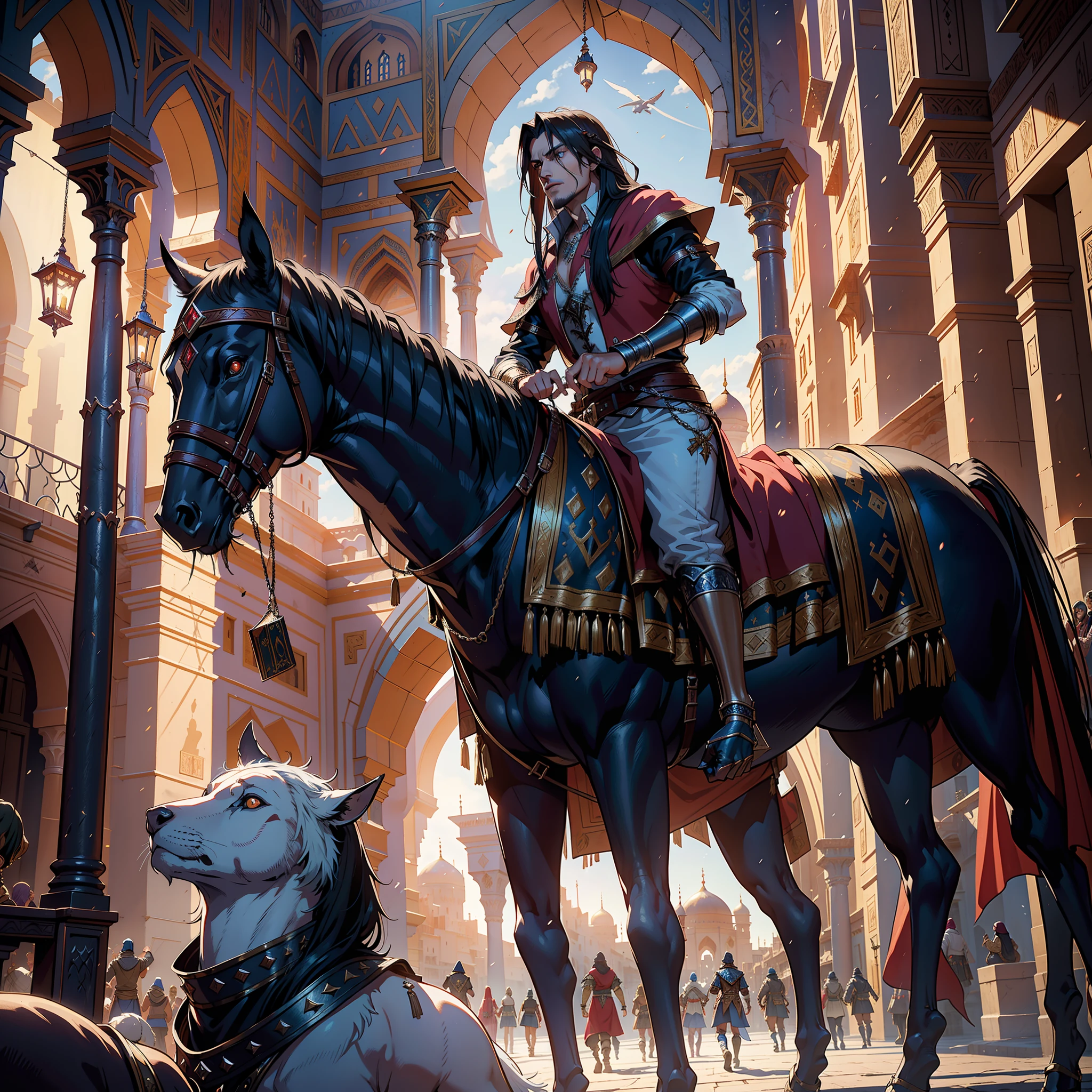 hyper realistic super detailed dynamic shot masterpiece cinematic scene epic scenes legendary Castlevania Lord of the shadows hyper realistic super detailed the castle of Lord Dracula moroccan city moroccan architecture moroccan architecture souk cluttered by medieval moroccan wearing islamic moroccan medieval moroccan clothing carrying merchandise large moroccan environment hyper realistic super detailed 3d view