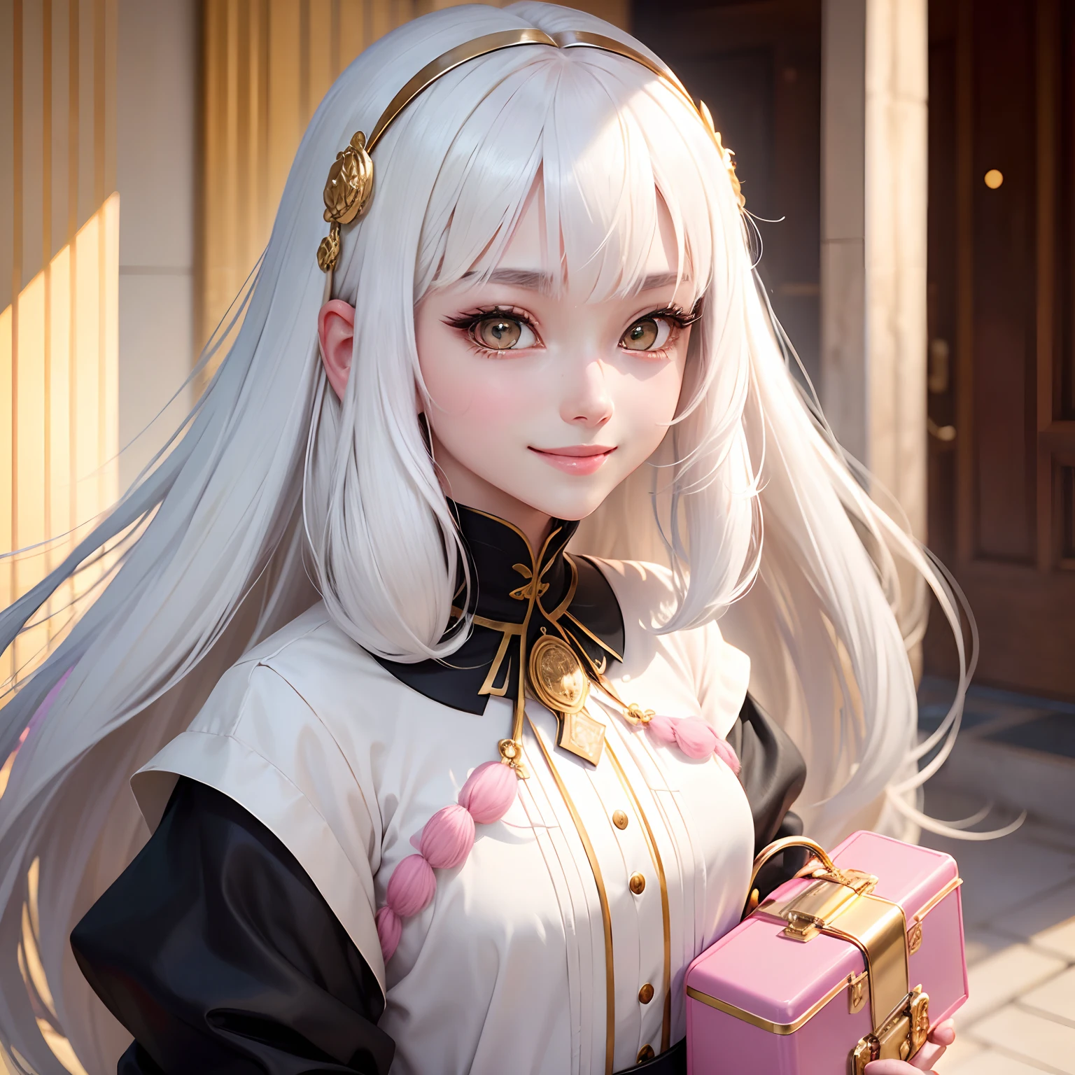 best quality, white hair, gold eyes, black clothes, looking up, upper body, hair strand, Fair skin, smiling, pink Bento
