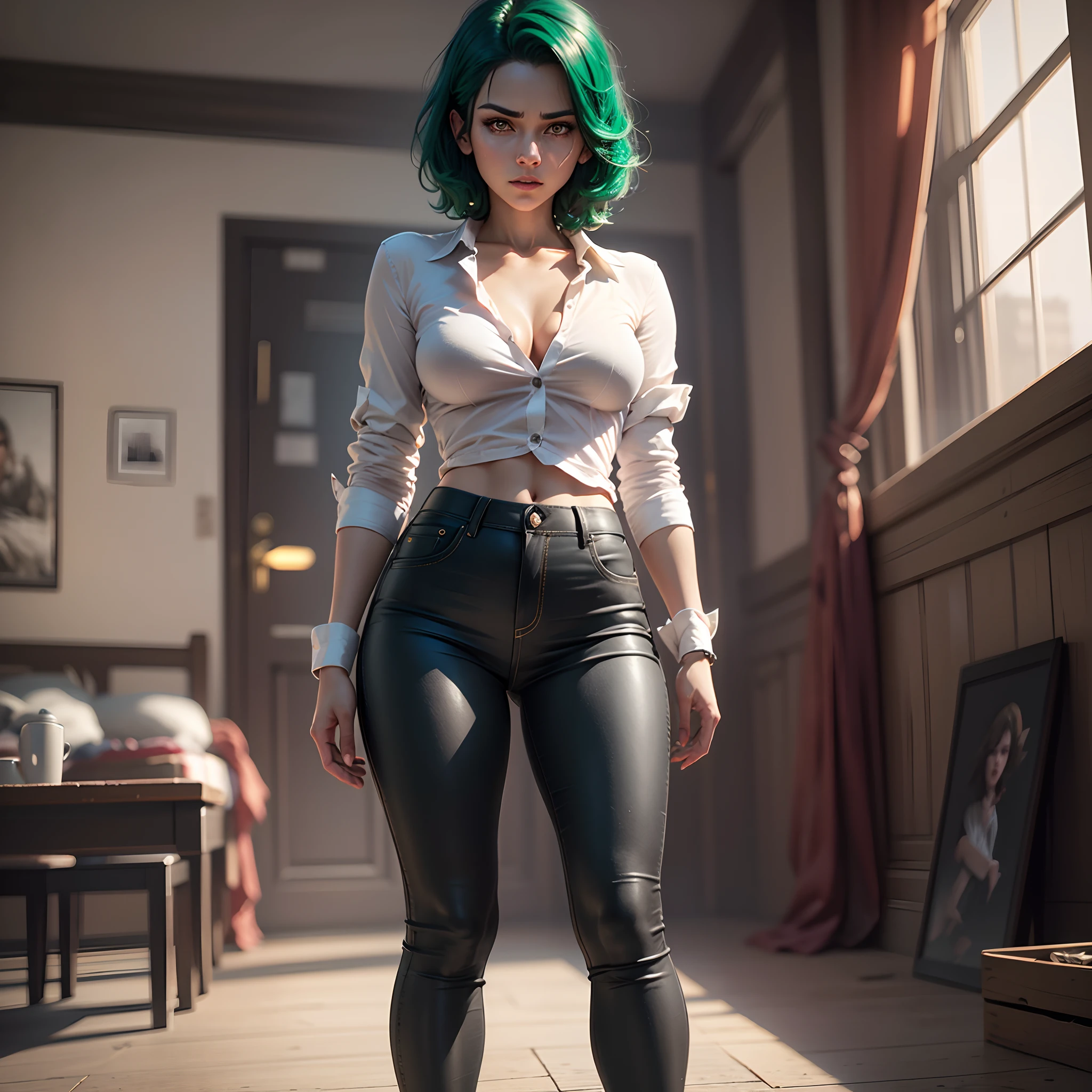 short emerald hair, emerald glowing eyes, high quality, cinematic radius, realistic digital art illustration poster film portrait, epic lighting, cinematic lighting, high res, (detailed image:1), insane details, smooth, hyper realistic, (highly detailed: 1.2), masterpiece, 8k uhd, digital art style, full body shot, pants, small shirt, medium breast,