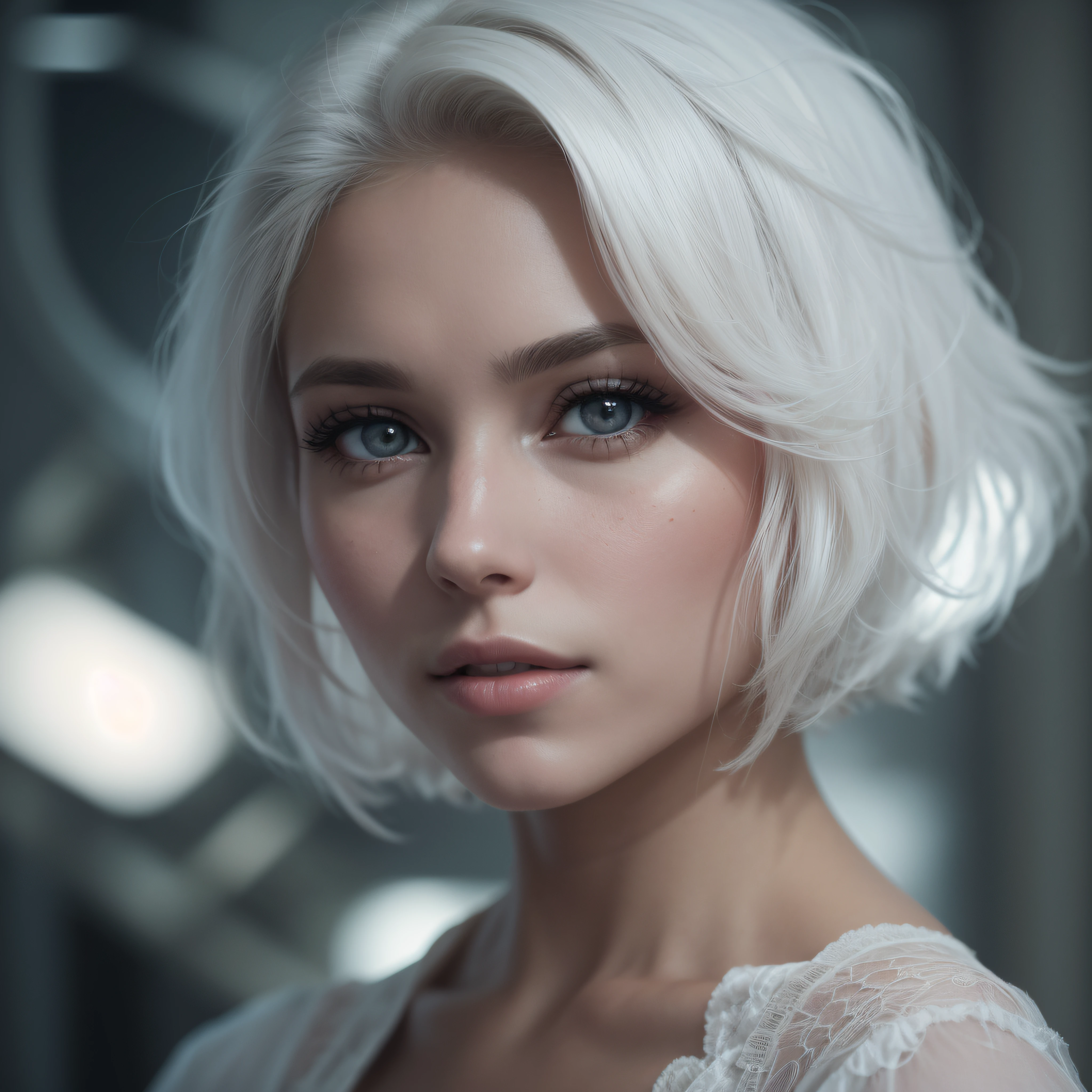 (wide shot), (futuristic hexagonal fashion style, deus ex aesthetic), (authentic expressive eyes: 1.2), An exquisite portrait of a Finnish woman (with pale white skin: 1.3) and dark makeup, the photograph captured in stunning 8k resolution and raw format to preserve the highest quality of details. The woman's beauty is undeniable. She wears futuristic angular clothing that complements her soft features, (her eyes are portrayed with meticulous attention to detail: 1.3), showcasing the captivating depth within her eyes. The photograph is taken with a lens that emphasizes the gentle smile in her eyes, and the backdrop is a dark studio setting that enhances the muted colours of the scene. The lighting and shadows are expertly crafted to bring out the richness of her skin tone and the subtle nuances of her features. Her white hair with black sides, with its distinct hue, adds a touch of contrast against her white skin. The interior setting adds a sense of intimacy. The overall composition captures her essence with authenticity and grace, creating a portrait that celebrates her heritage and beauty. Photography utilizing the best techniques for shadow and lighting, to create a mesmerizing portrayal that transcends the visual, slightly tilted head, (extreme eye details: 1.4)