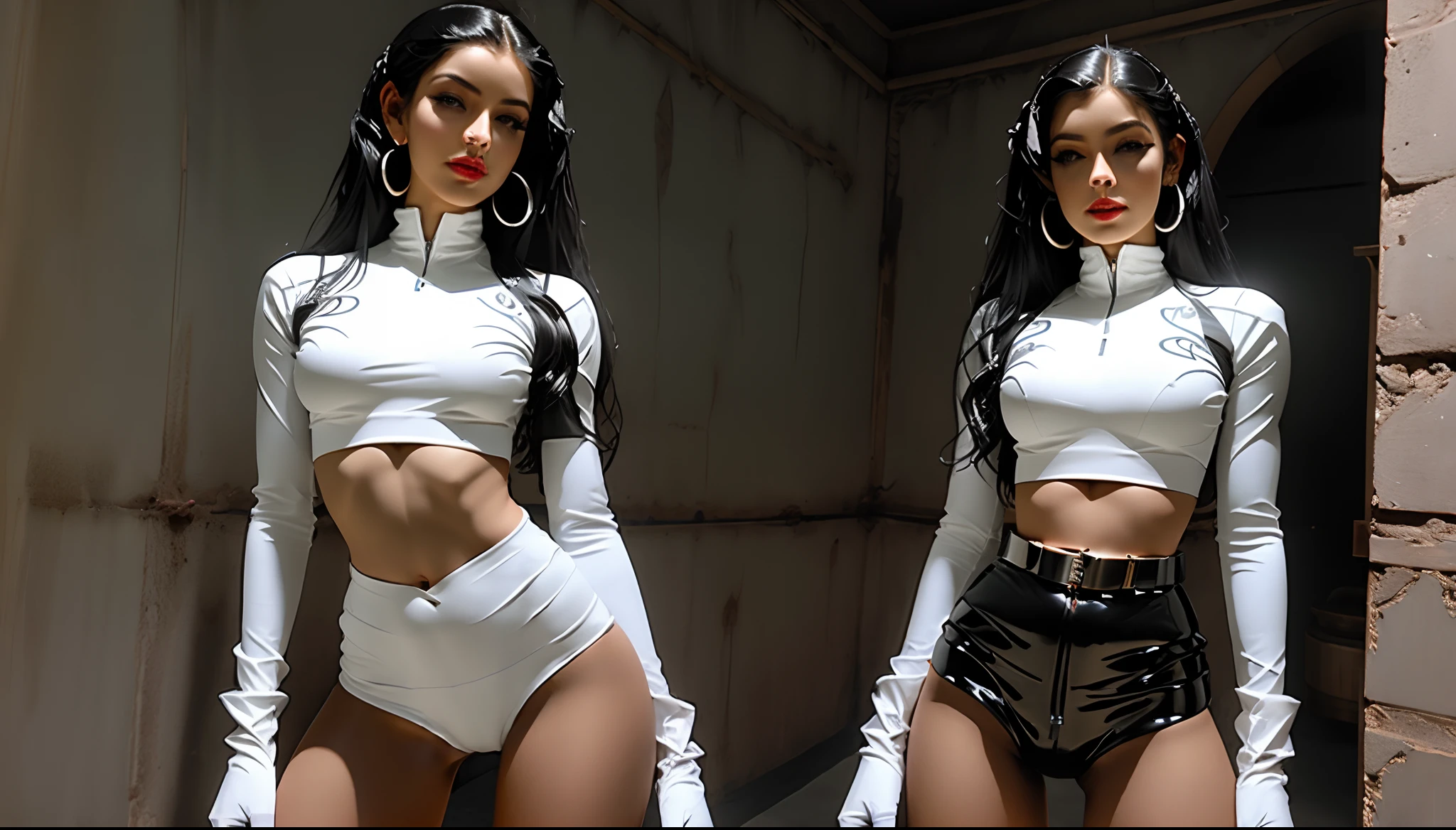 mulher loira nua, cabelos loiros, sozinho, abdome fino, Abdome Midriff, cabelos loiros ondulados, rosto perfeito, olhos azuis, red-lips, pele de porcelana, wearing black latex gloves and black thigh boots, arms behind the back, Hands hidden behind the back. seios nus, mamilos rosados, NSFW, pele de porcelana, nudez maravilhosa, Standing in a dungeon, Woman standing in a dungeon inspired by Ken Marcus, prisioneira Rainha numa masmorra, mulher linda, fogo, NSFW, BDSM Photo Essay, numa masmorra bem iluminada com tochas nas paredes, Fantasia sombria sedutora, sedutora e aterrorizante, Ambiente claro, modelo bem iluminada