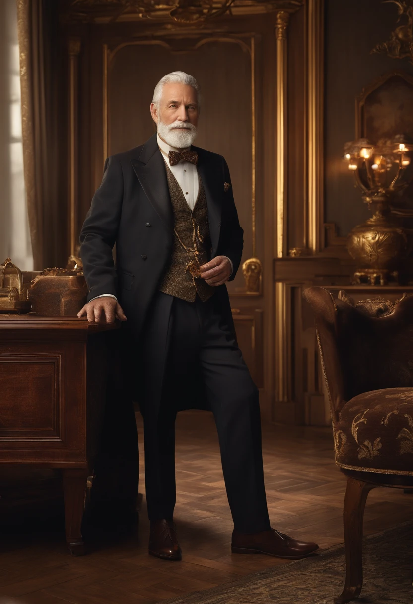 An old gentleman of approximately 80 years old, wearing a gold chain, in a beautiful wealthy house, (best quality, highres, HDR), ultra-detailed, (realistic:1.37), with elegant design, (wooden, antique furniture), (expensive, exquisite decorations). The old gentleman has a wise and friendly expression on his face, with gray hair and a neatly trimmed beard. He is wearing a sophisticated suit, complete with a tailored jacket and polished leather shoes. The gold chain he wears is of substantial weight, with intricate craftsmanship. The beautiful wealthy house is filled with natural light, illuminating the exquisite architecture and lavish interiors. The color palette consists of warm tones, with rich shades of gold, deep mahogany, and soft cream. The lighting is soft and ambient, accentuating the elegance and warmth of the scene.
