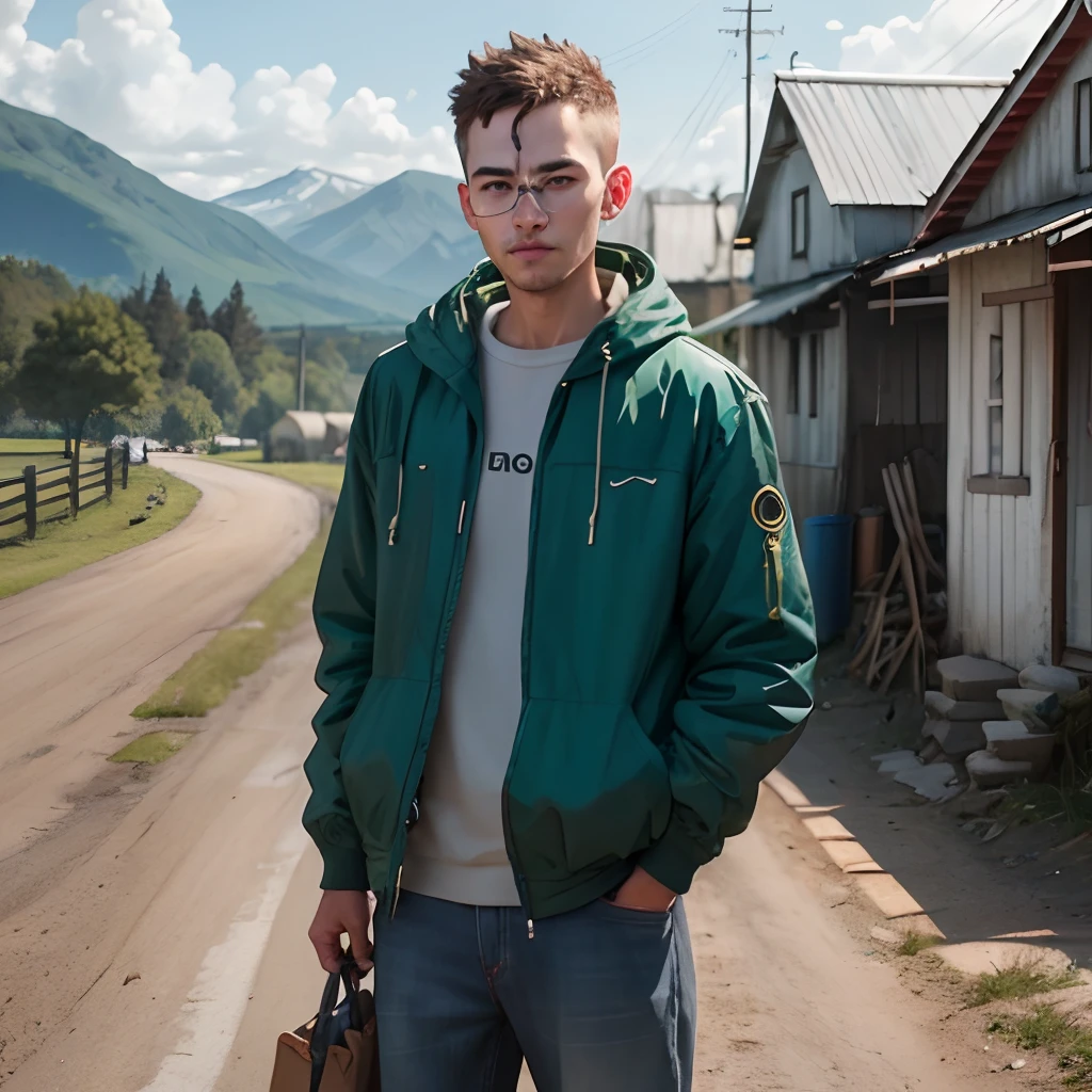 Create image of a person in rural area connected with internet